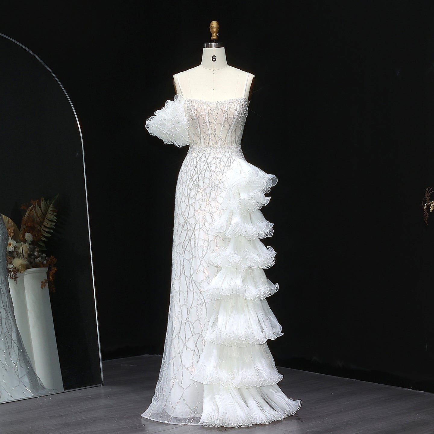 Chic Tiered Ruffles Spaghetti Straps Gold Evening Dress SS046  White / US 18