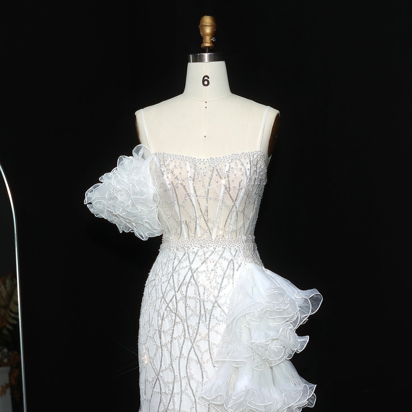 Chic Tiered Ruffles Spaghetti Straps Gold Evening Dress SS046