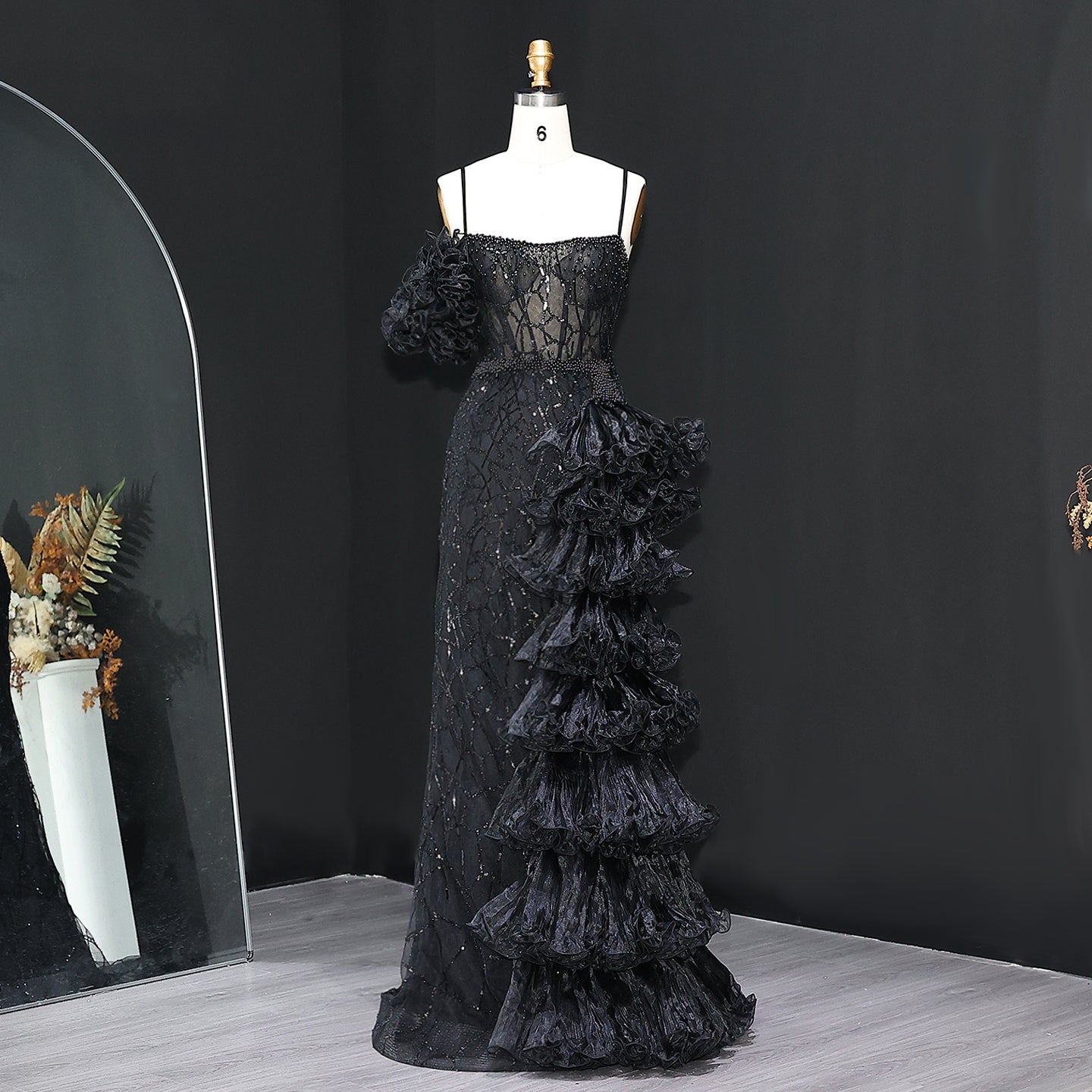 Chic Tiered Ruffles Spaghetti Straps Gold Evening Dress SS046  Black / US 18