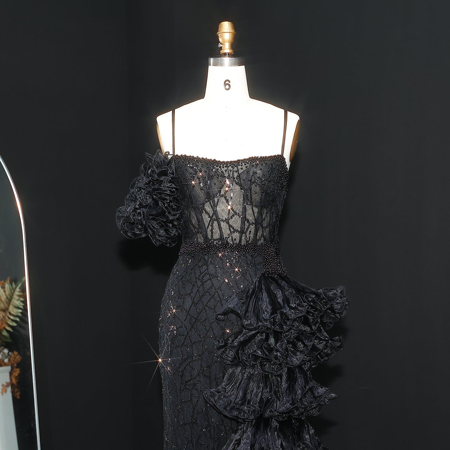 Chic Tiered Ruffles Spaghetti Straps Gold Evening Dress SS046