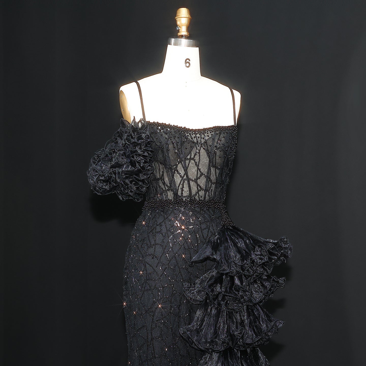 Chic Tiered Ruffles Spaghetti Straps Gold Evening Dress SS046