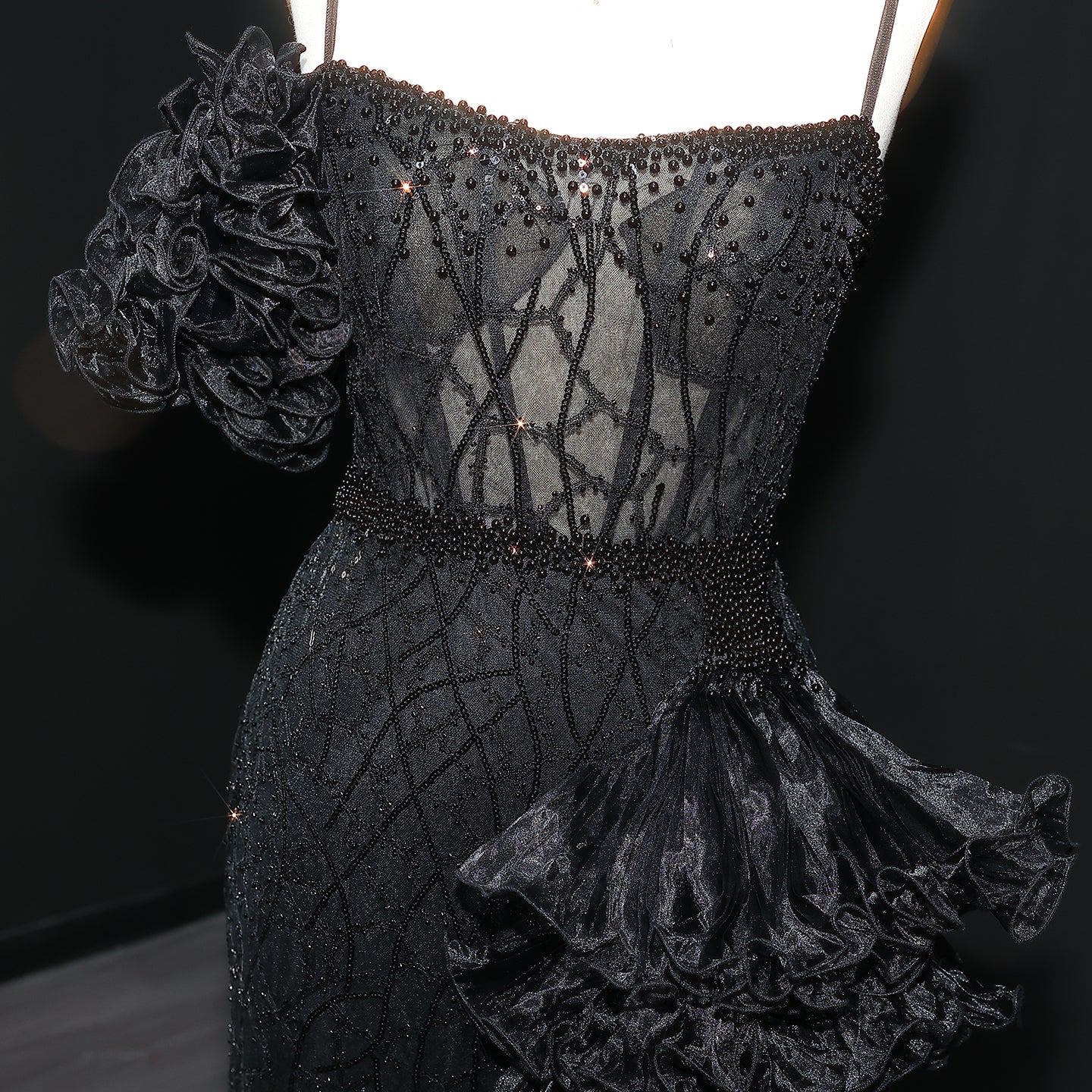 Chic Tiered Ruffles Spaghetti Straps Gold Evening Dress SS046