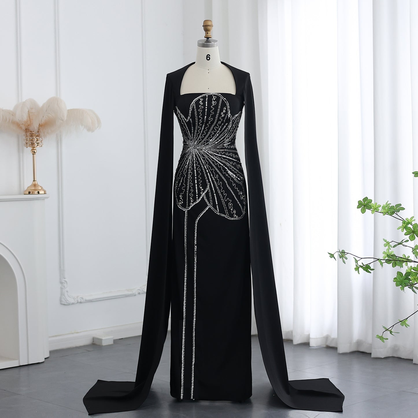 Elegant Black Beaded Evening Dress with Cape Sleeves SS275  Black / US 16