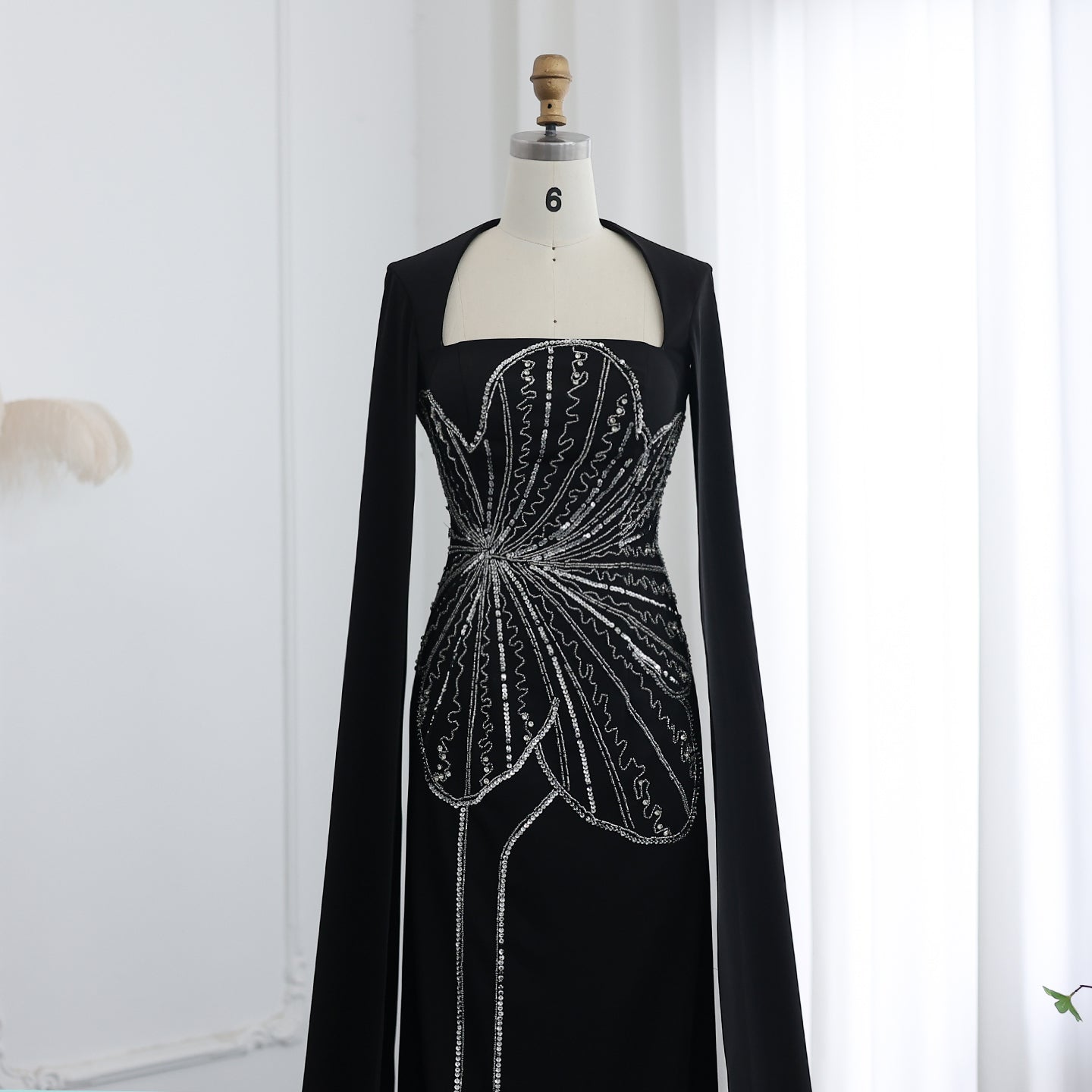 Elegant Black Beaded Evening Dress with Cape Sleeves SS275