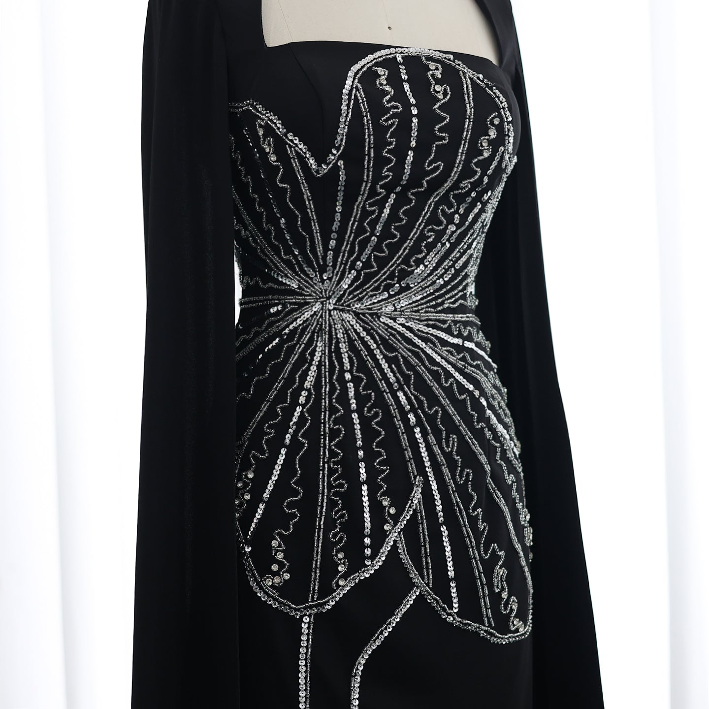 Elegant Black Beaded Evening Dress with Cape Sleeves SS275