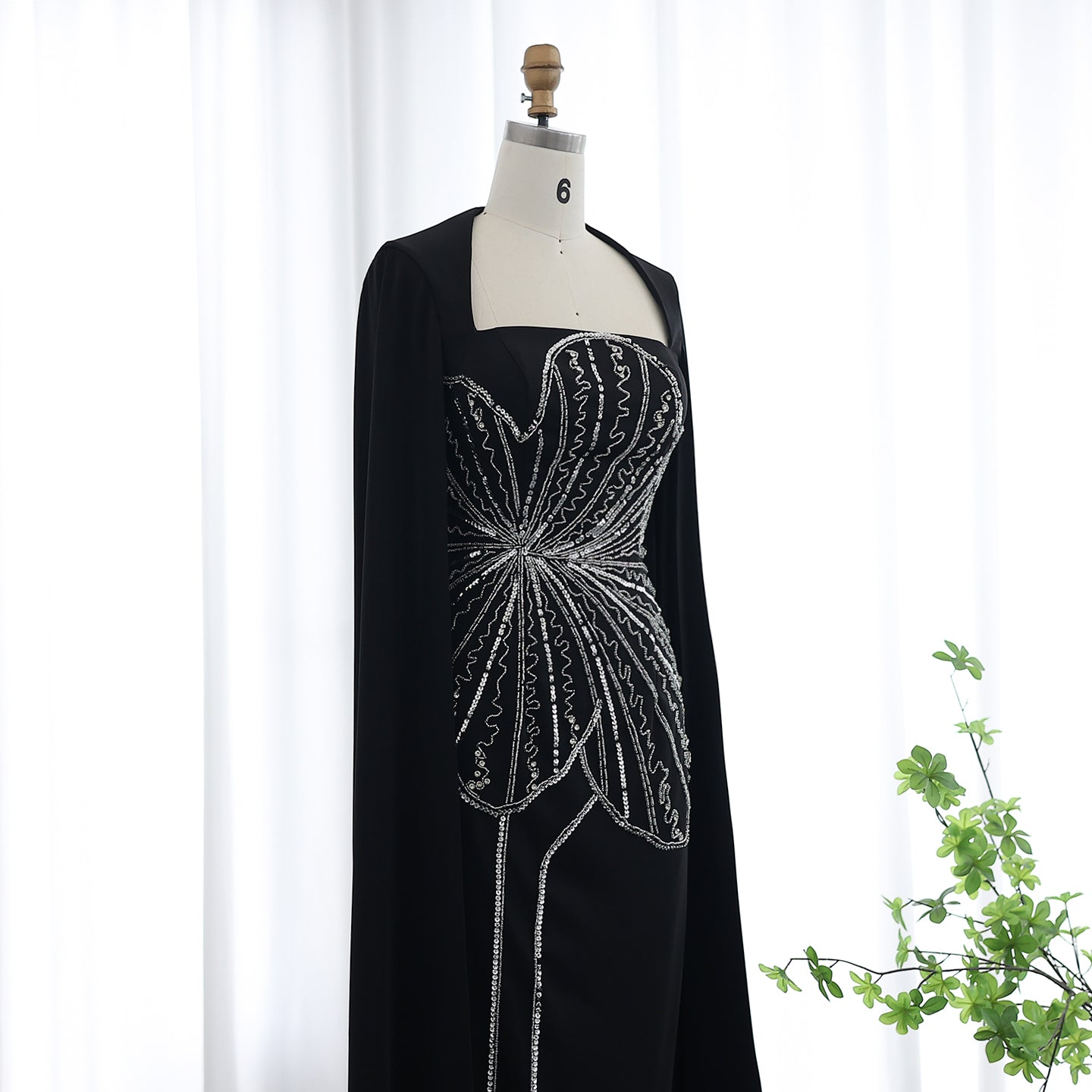 Elegant Black Beaded Evening Dress with Cape Sleeves SS275