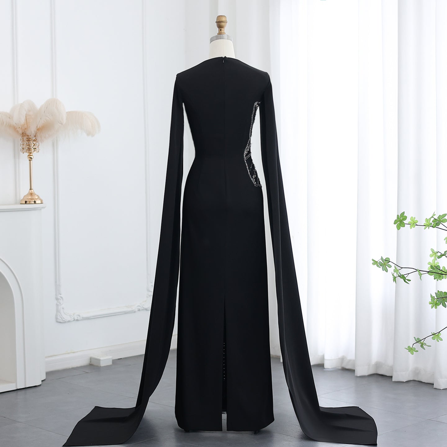 Elegant Black Beaded Evening Dress with Cape Sleeves SS275