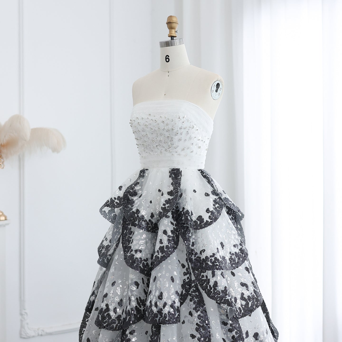 Luxury Black and White Ruffles Strapless Evening Dress SS290