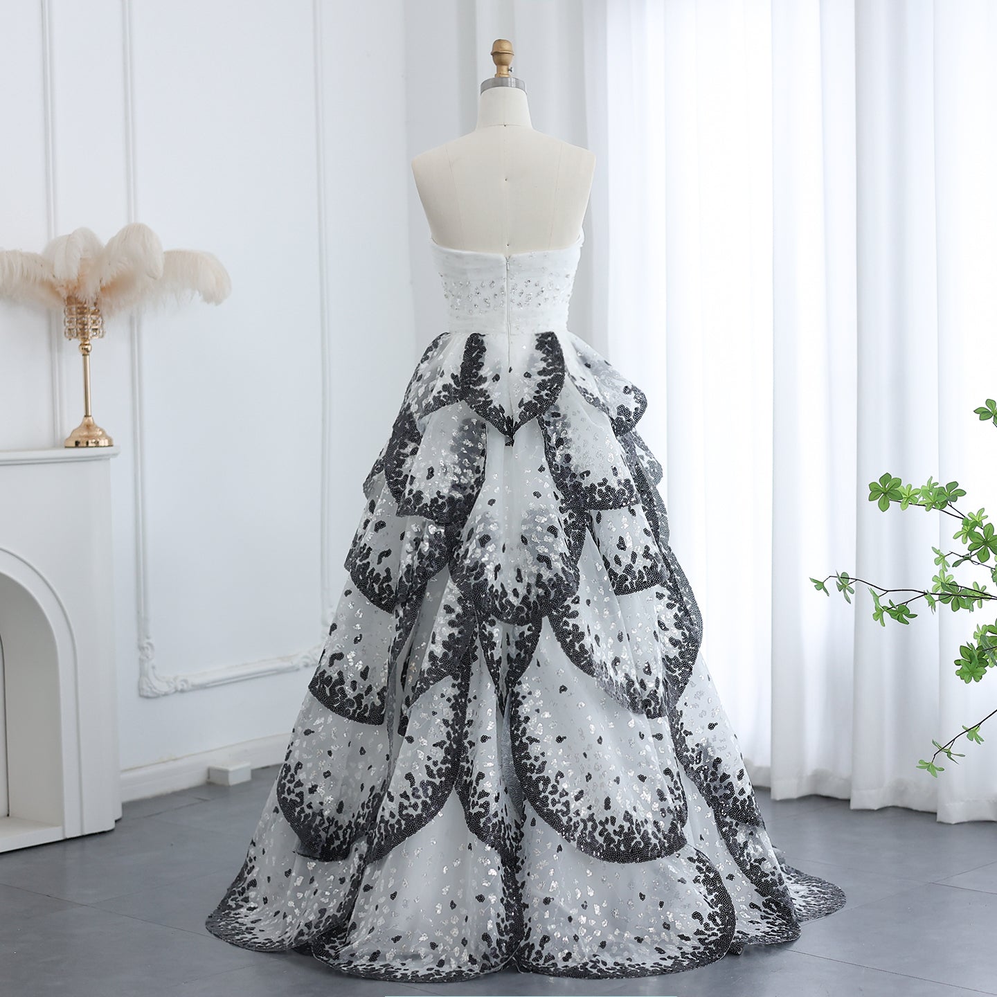 Luxury Black and White Ruffles Strapless Evening Dress SS290