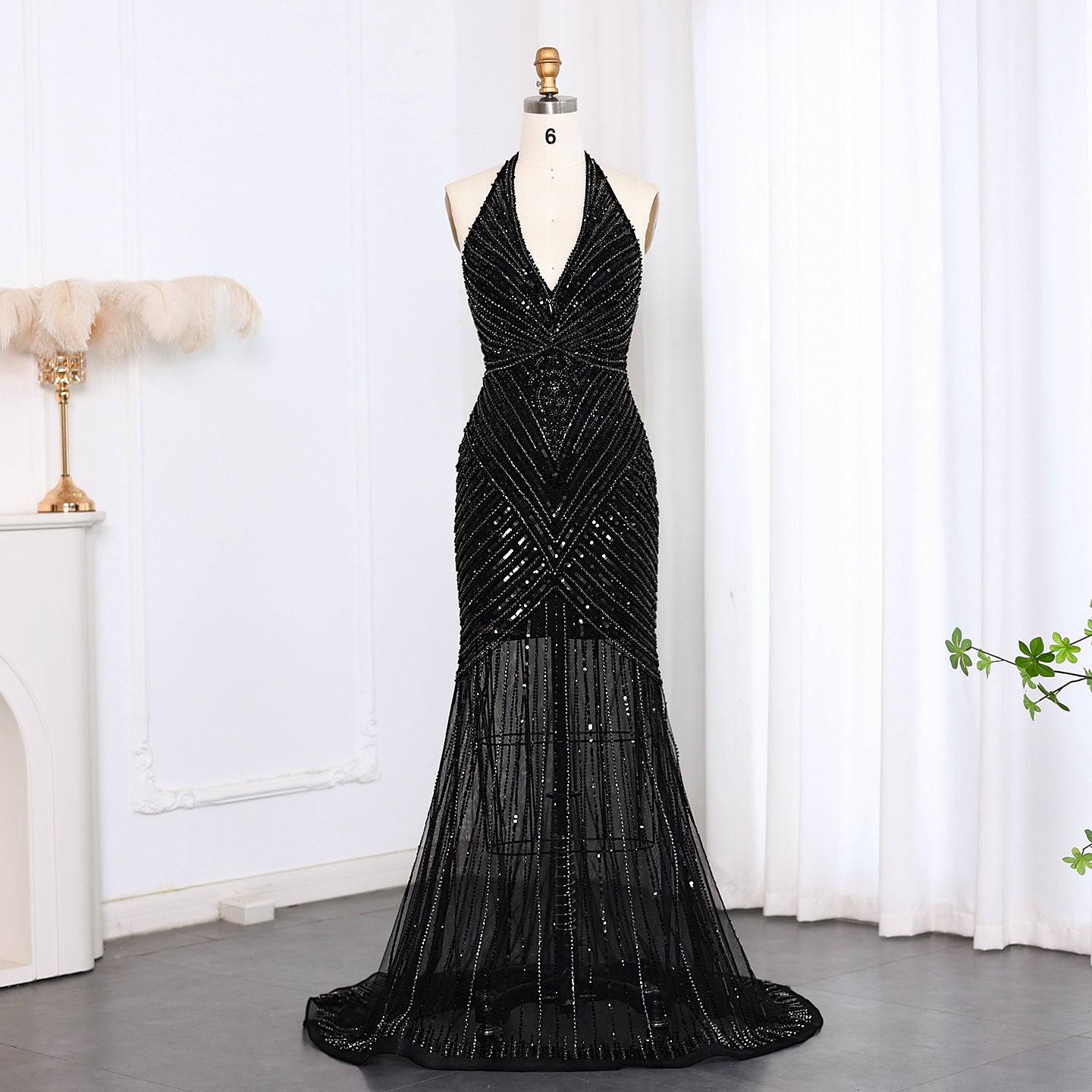 Sexy Halter Black Beaded Evening Prom Dress SS013  Black / US 20