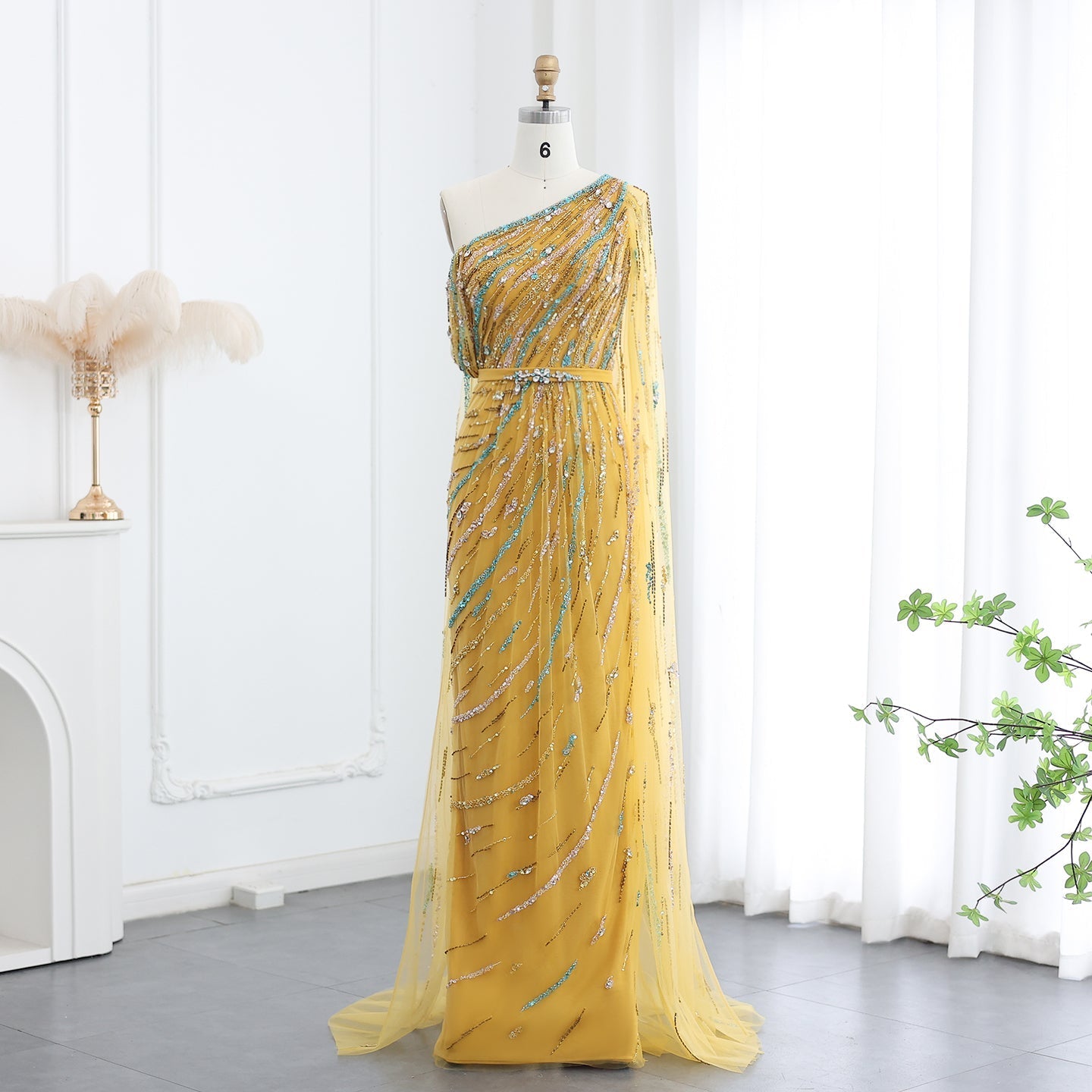 Colorful Beaded One Shoulder Yellow Evening Dress with Cape SS423  Yellow / US 20