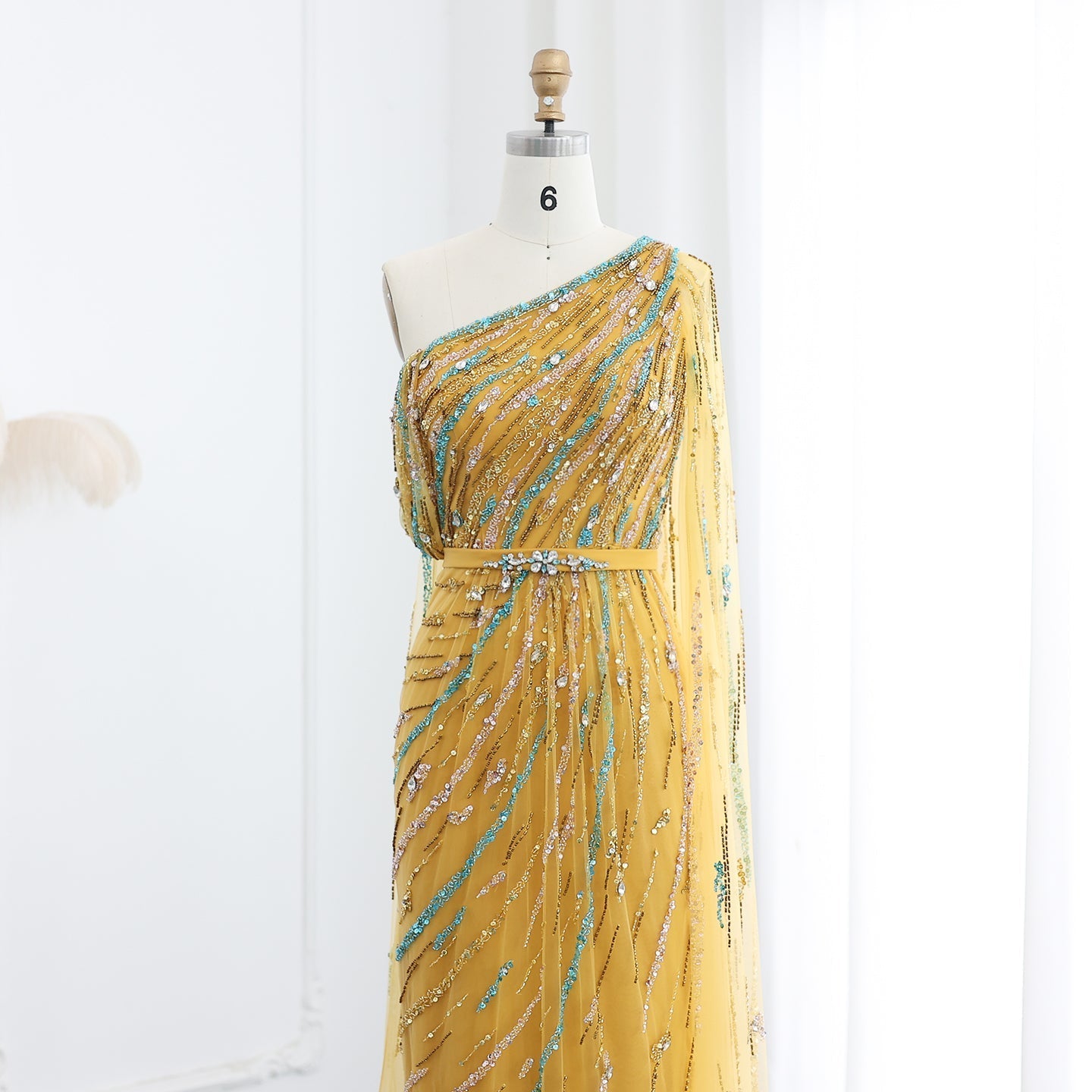 Colorful Beaded One Shoulder Yellow Evening Dress with Cape SS423