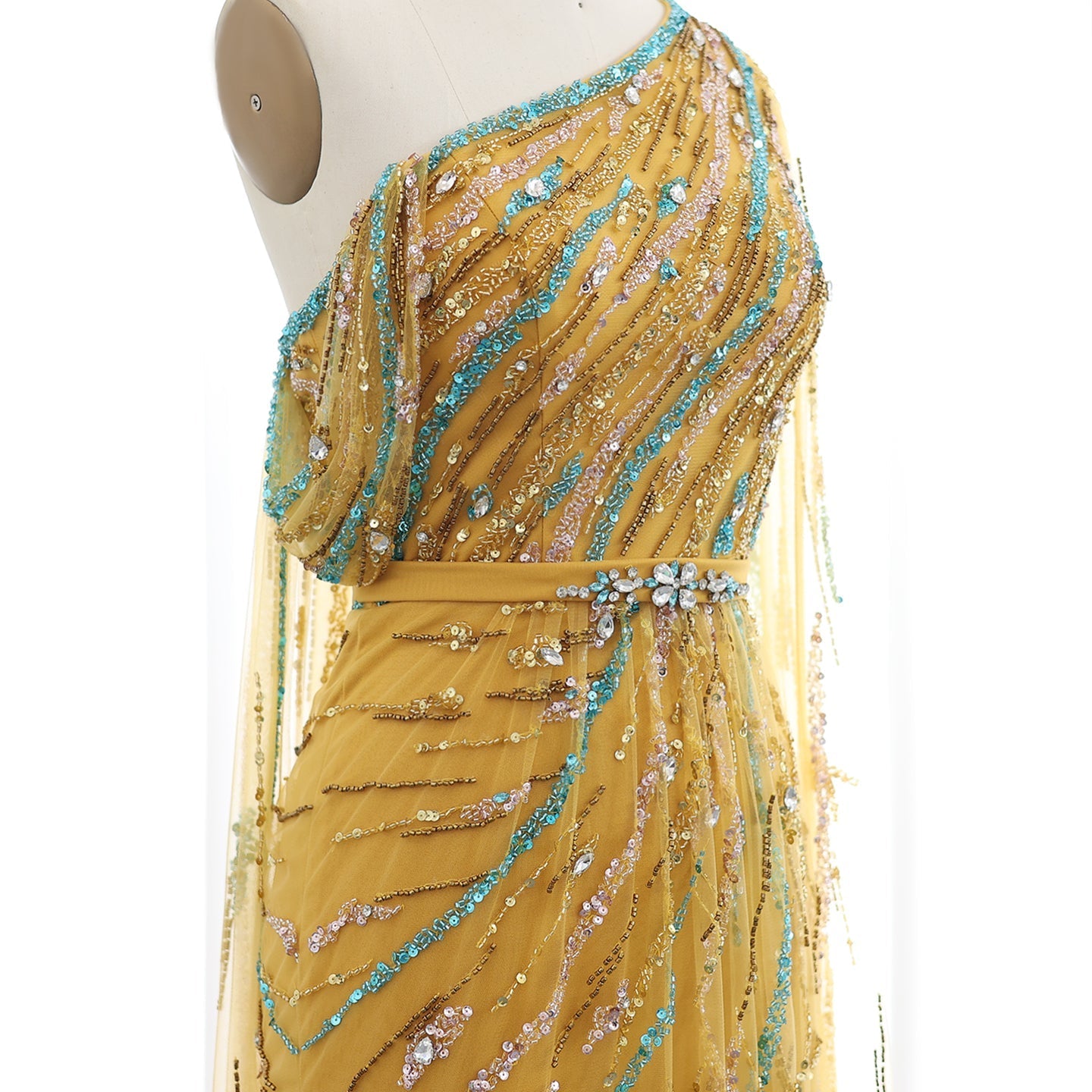 Colorful Beaded One Shoulder Yellow Evening Dress with Cape SS423