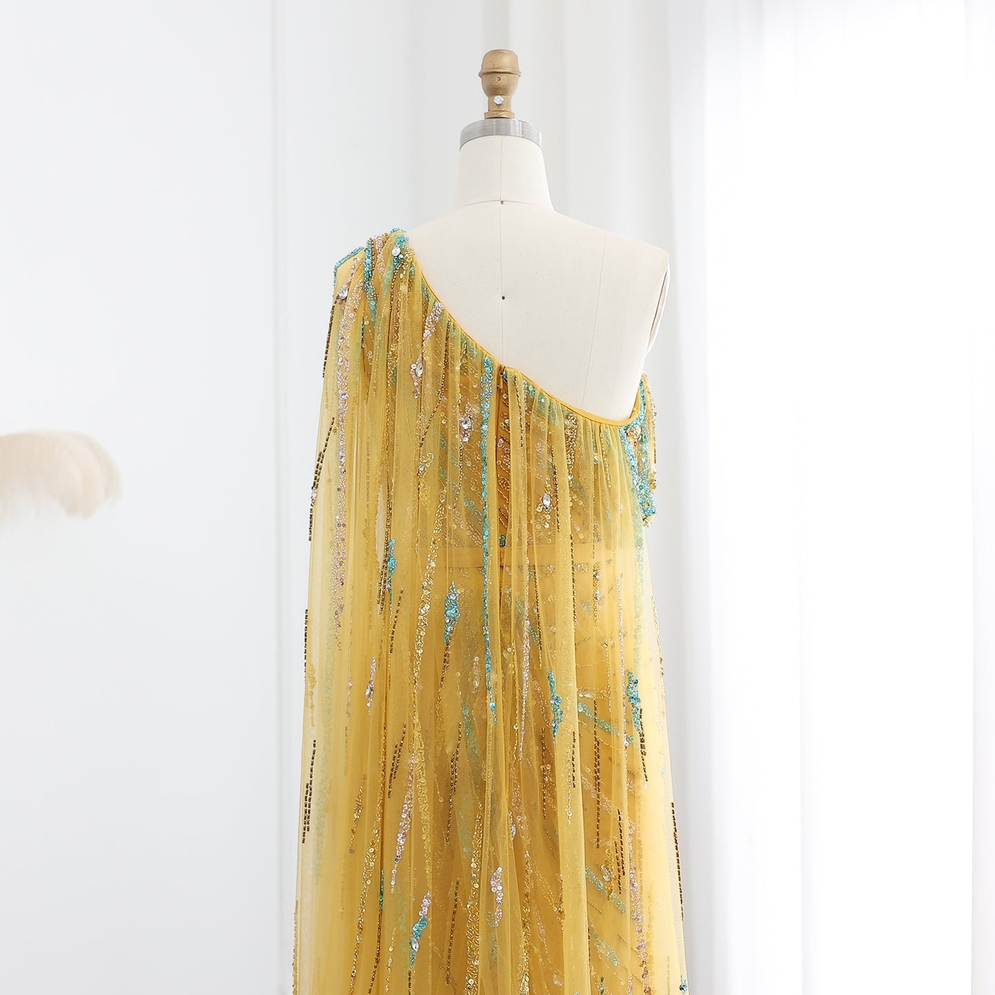 Colorful Beaded One Shoulder Yellow Evening Dress with Cape SS423