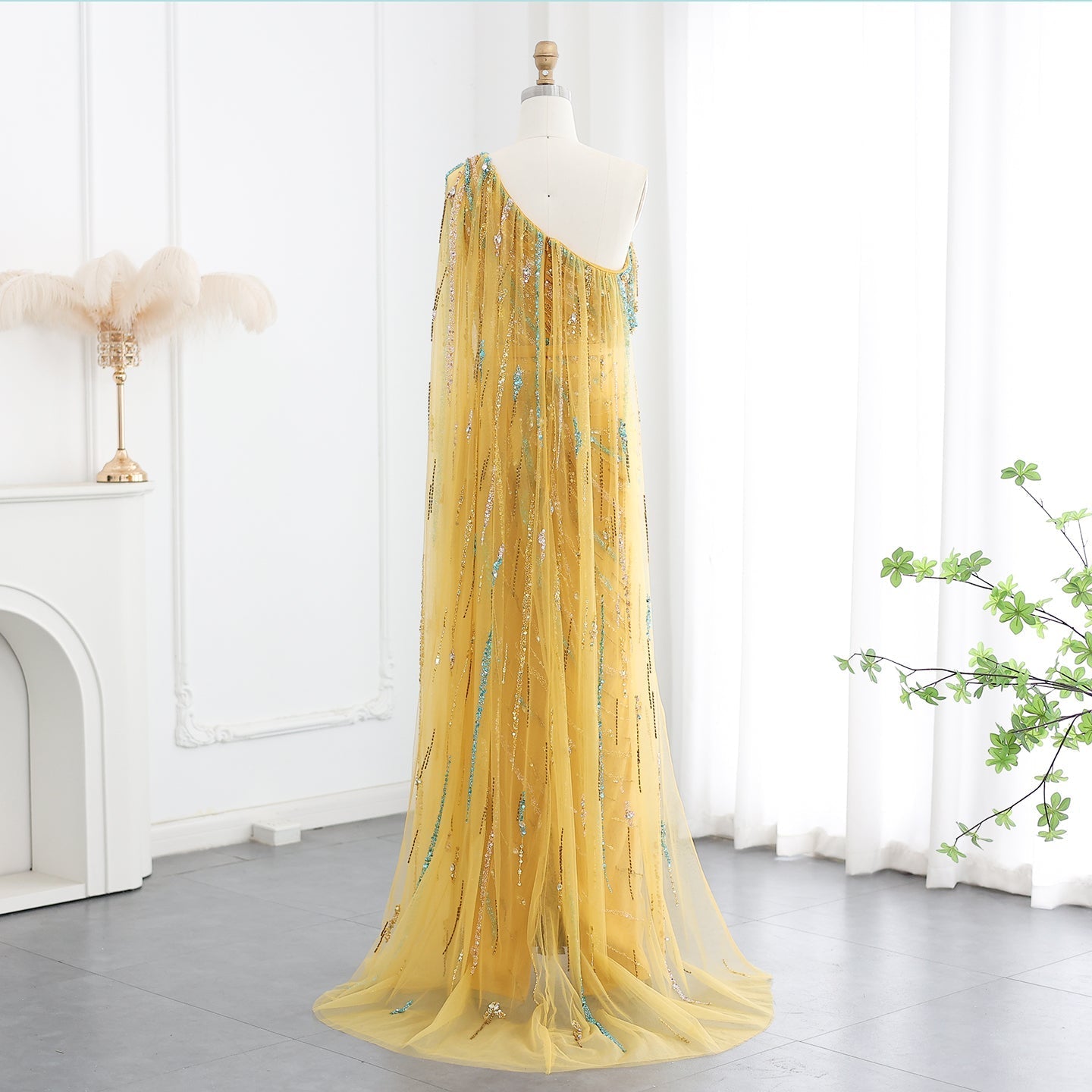 Colorful Beaded One Shoulder Yellow Evening Dress with Cape SS423