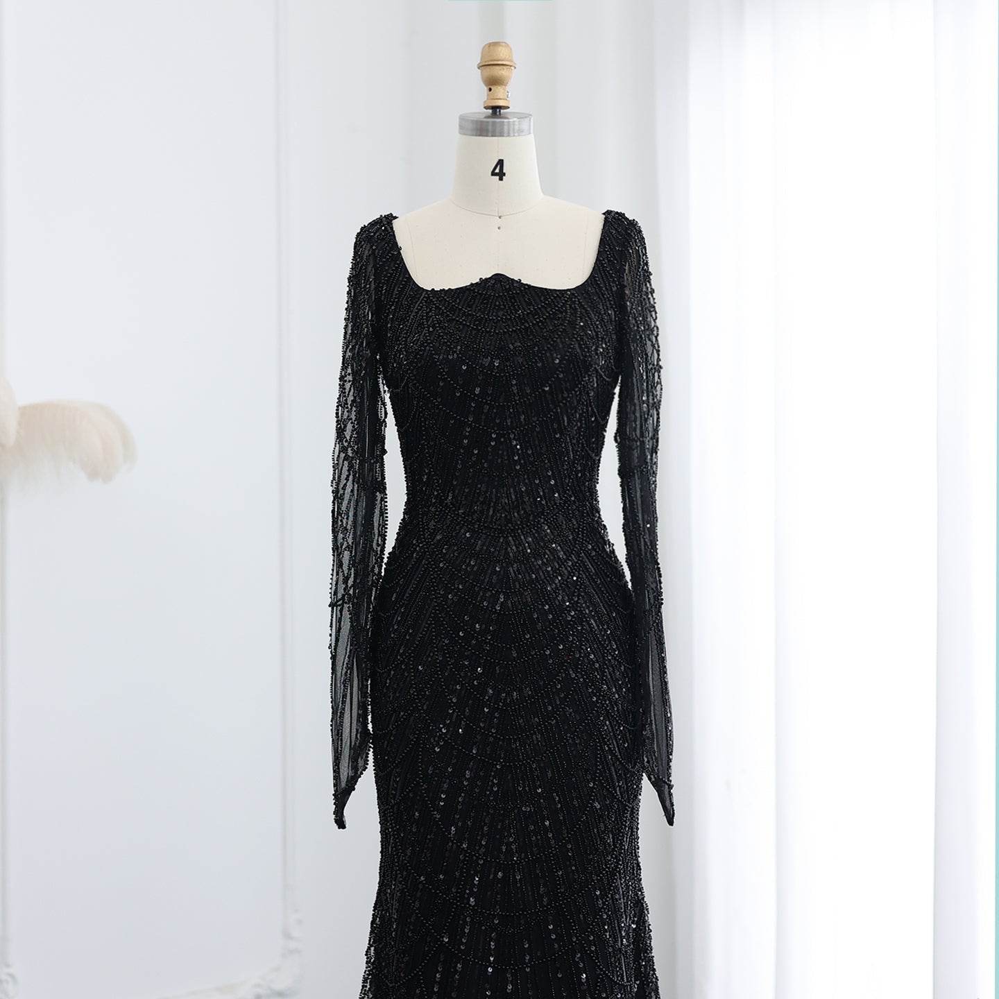 Luxury Beaded Champagne Long Sleeves Mermaid Evening Dress SS686