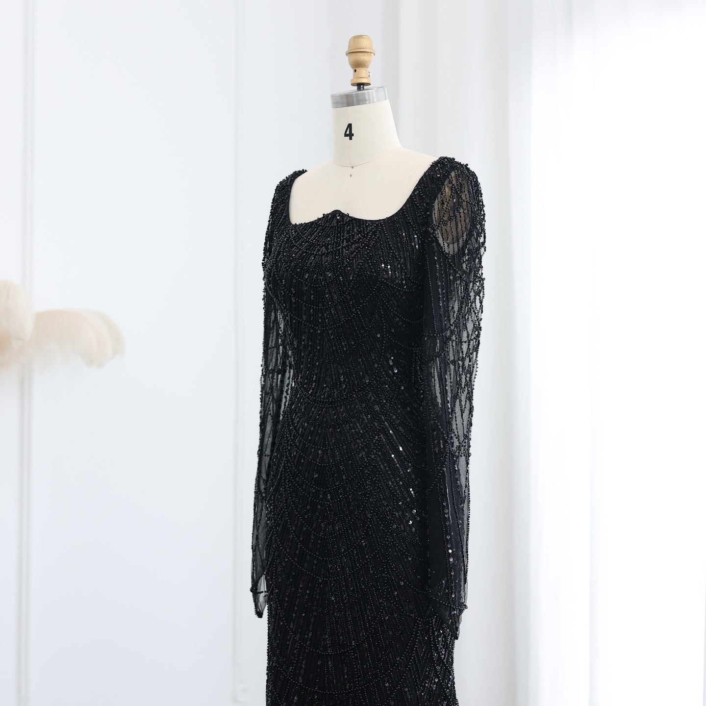 Luxury Beaded Champagne Long Sleeves Mermaid Evening Dress SS686