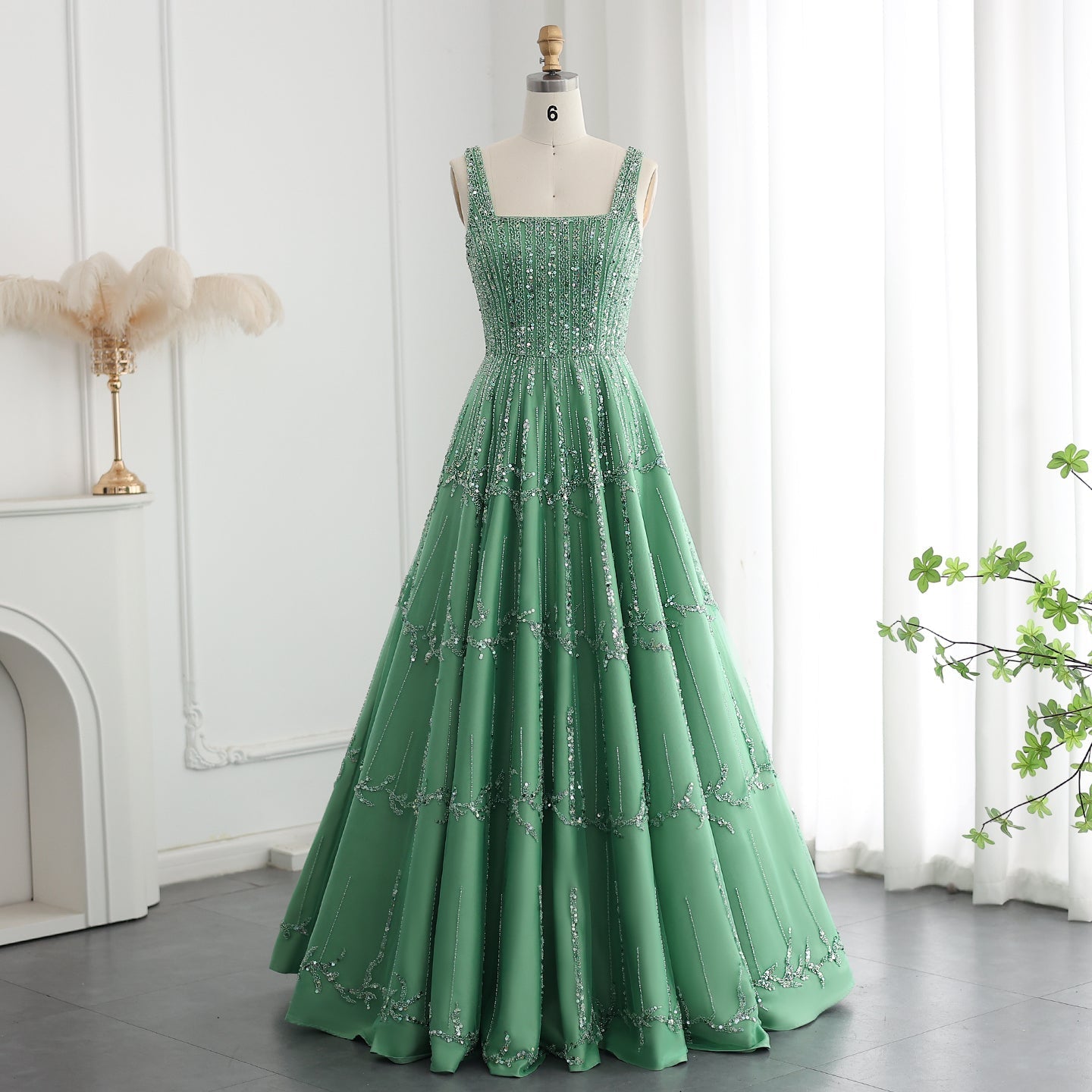 Luxury Beaded Green Spaghetti Evening Dresses SS225  Square Neckline / US 16