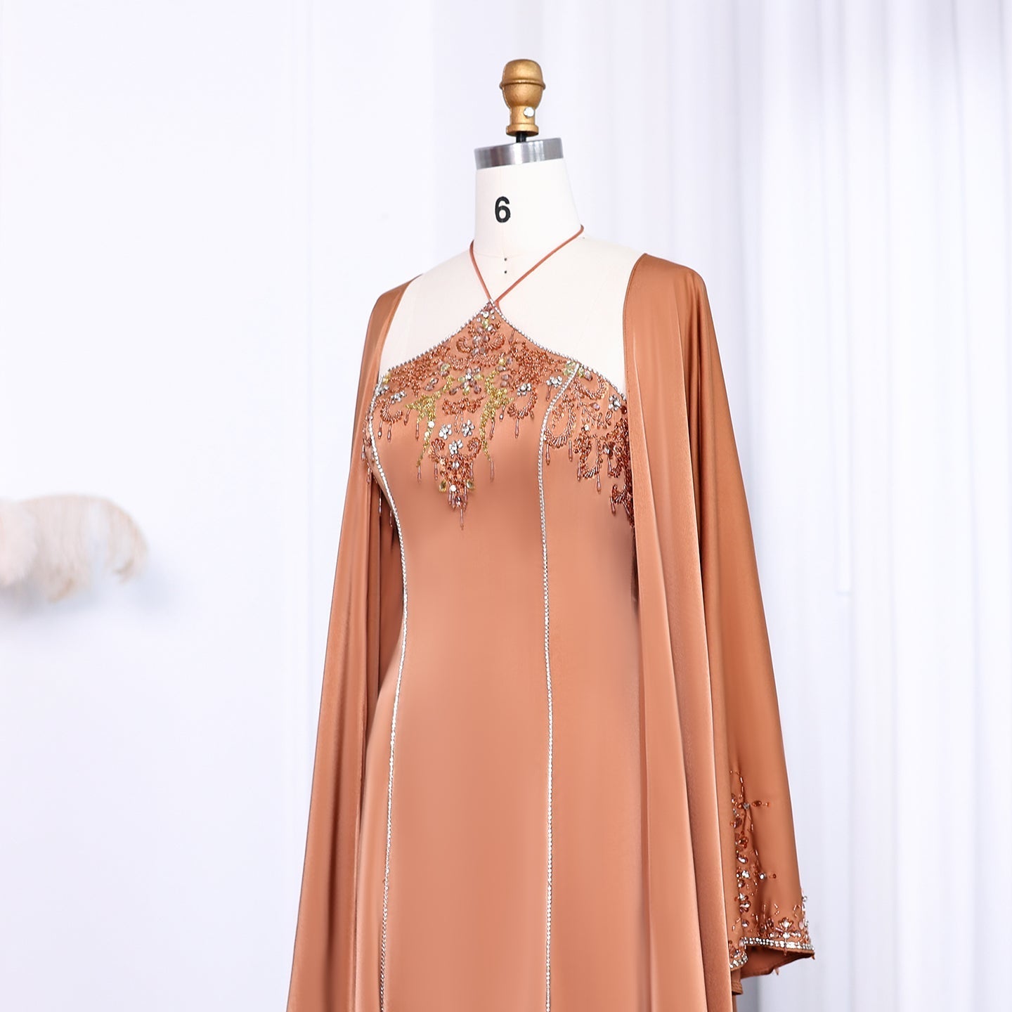 Luxury Sage Green Halter Evening Dress with Cape SS301