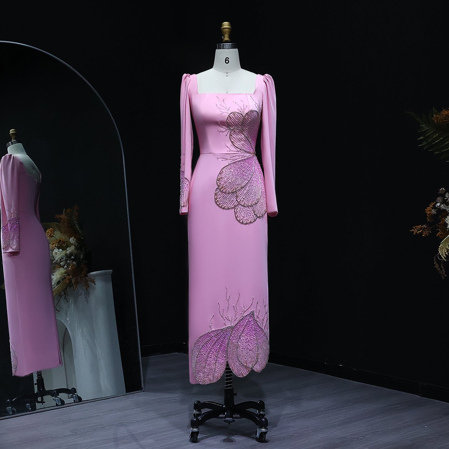 Elegant Pink Butterfly Beaded Long Sleeves Evening Dress SS262  Pink / US 16