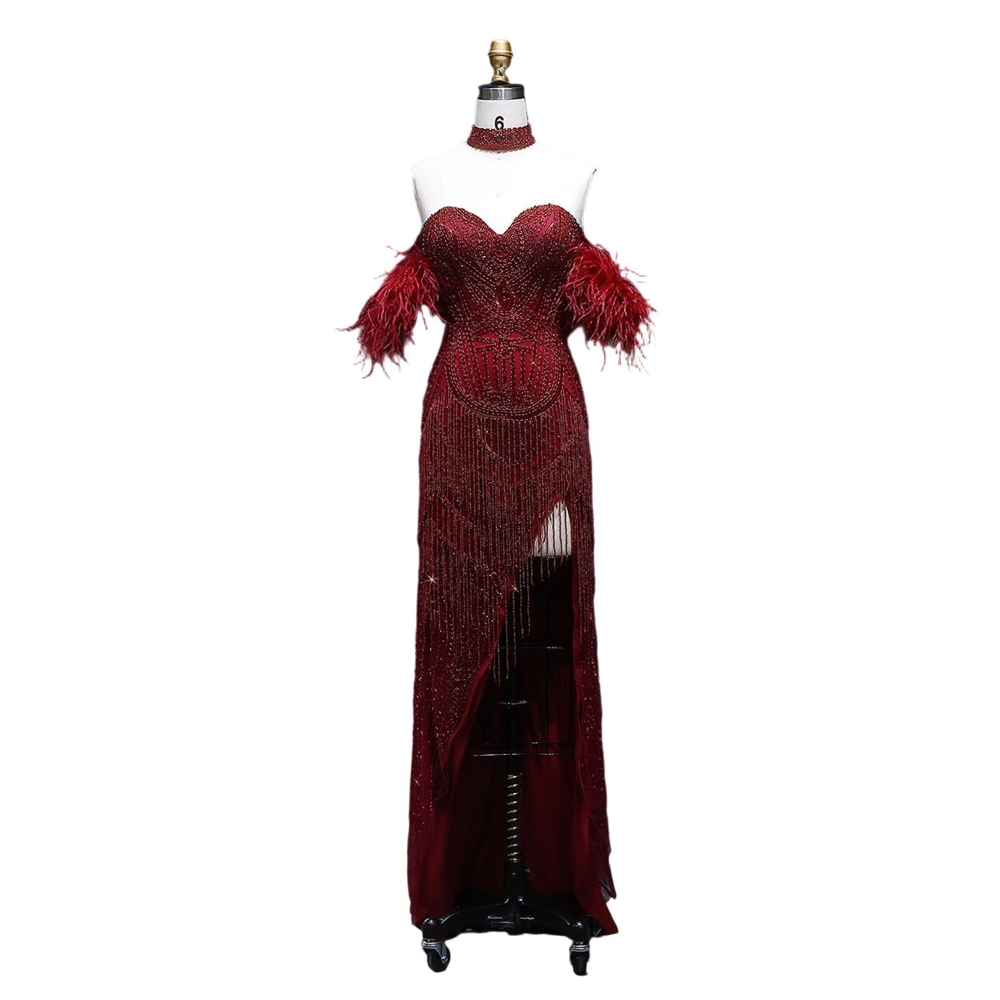 Luxury Tassel Feather Silver Nude Evening Dress SS187  Wine Red / US 18
