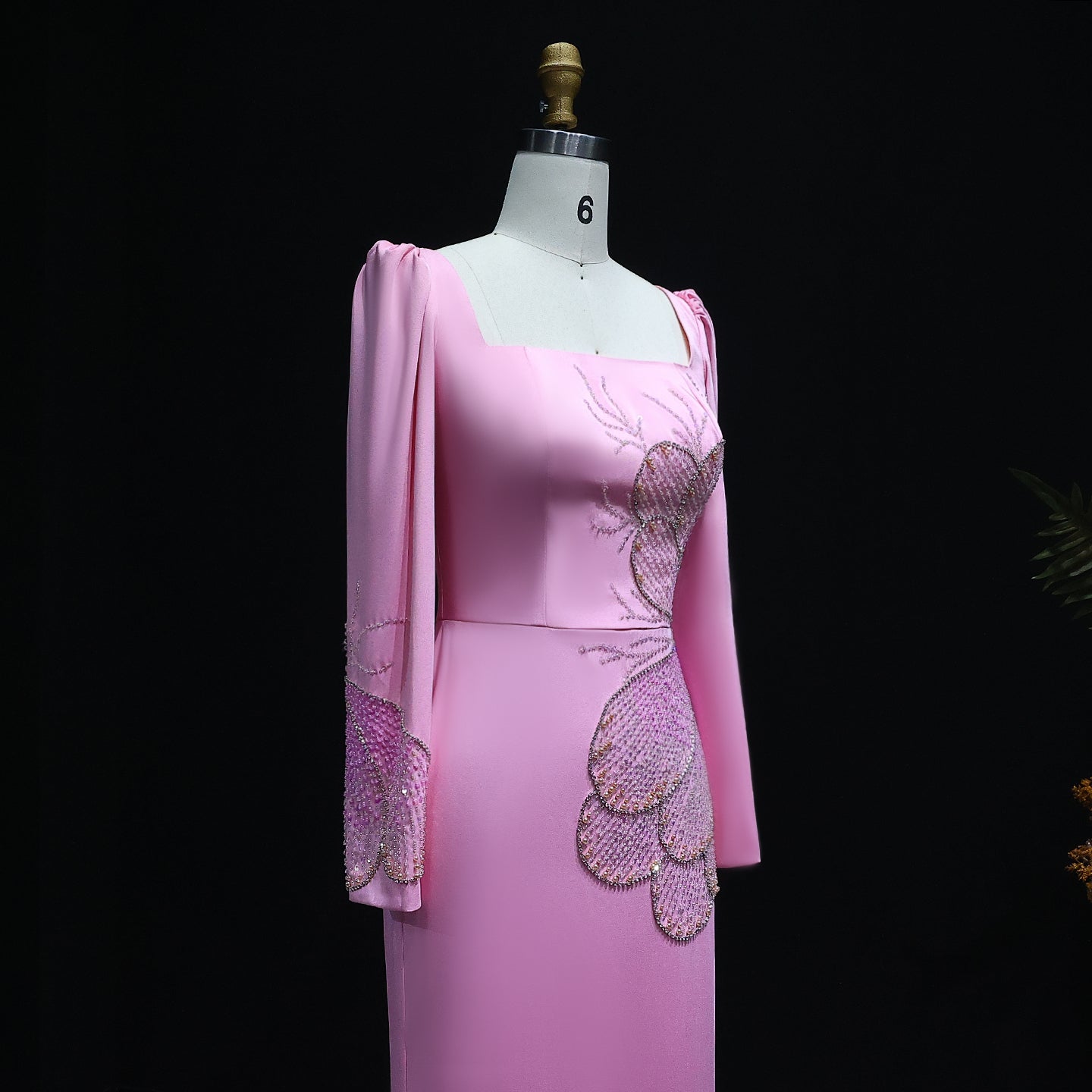 Elegant Pink Butterfly Beaded Long Sleeves Evening Dress SS262