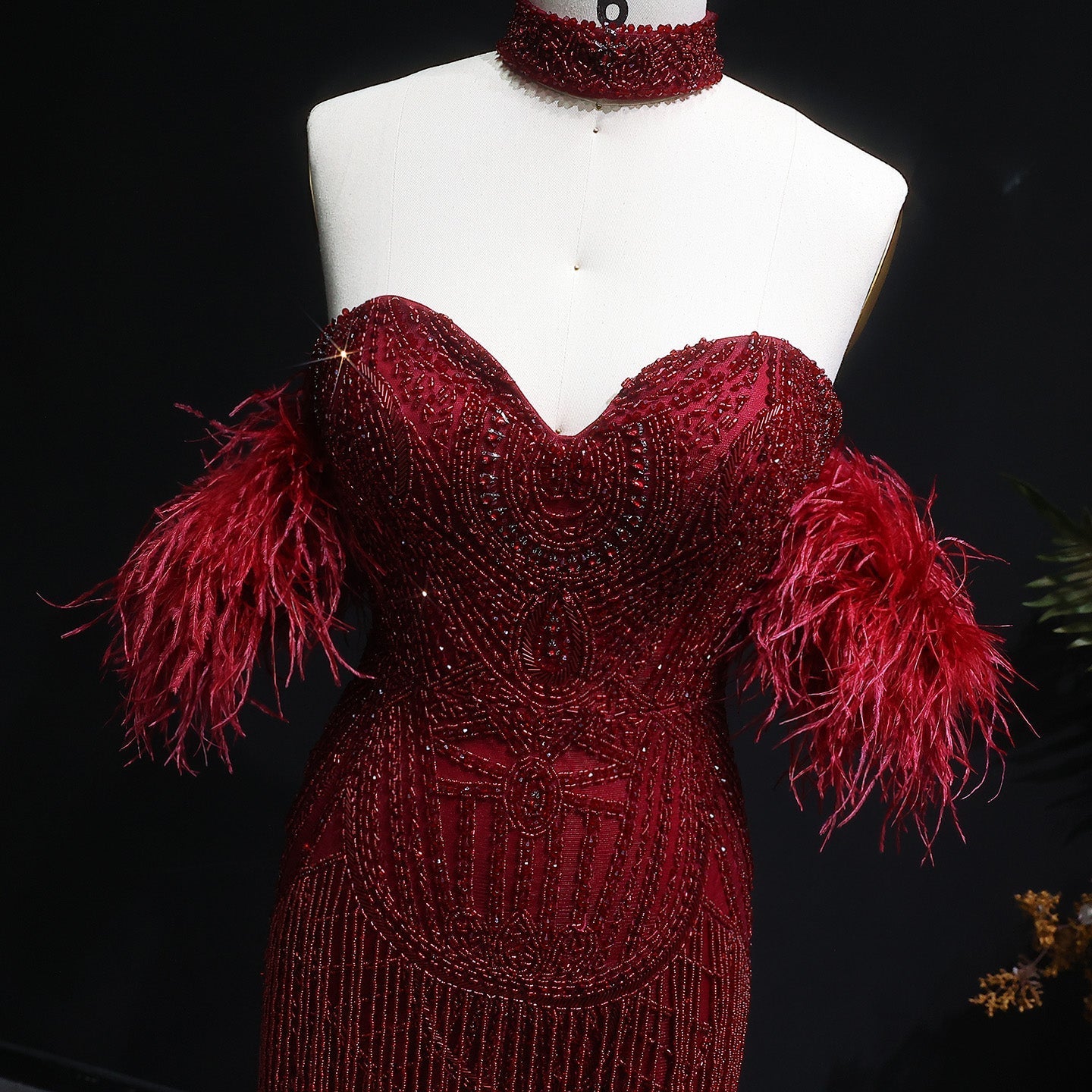 Luxury Tassel Feather Silver Nude Evening Dress SS187