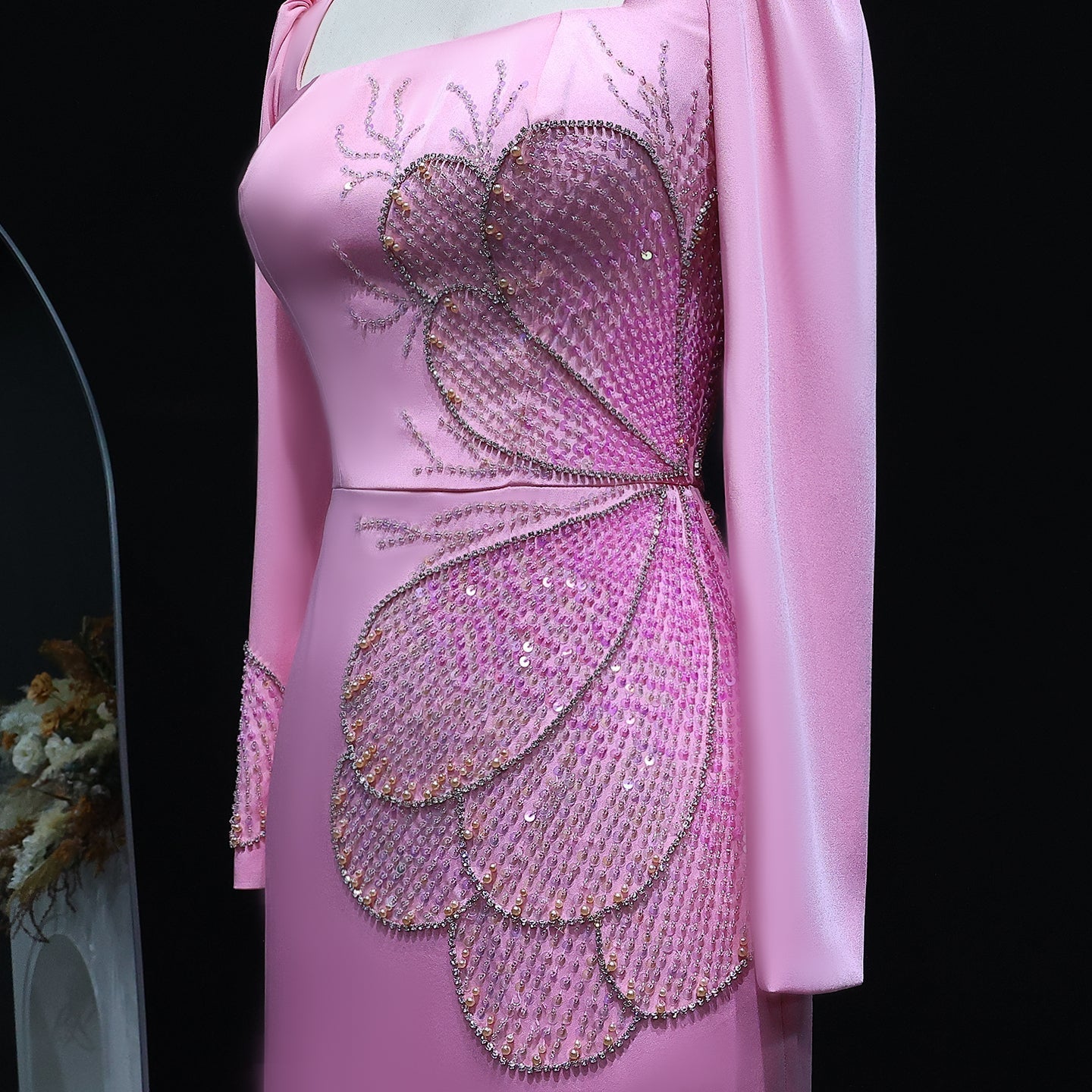 Elegant Pink Butterfly Beaded Long Sleeves Evening Dress SS262