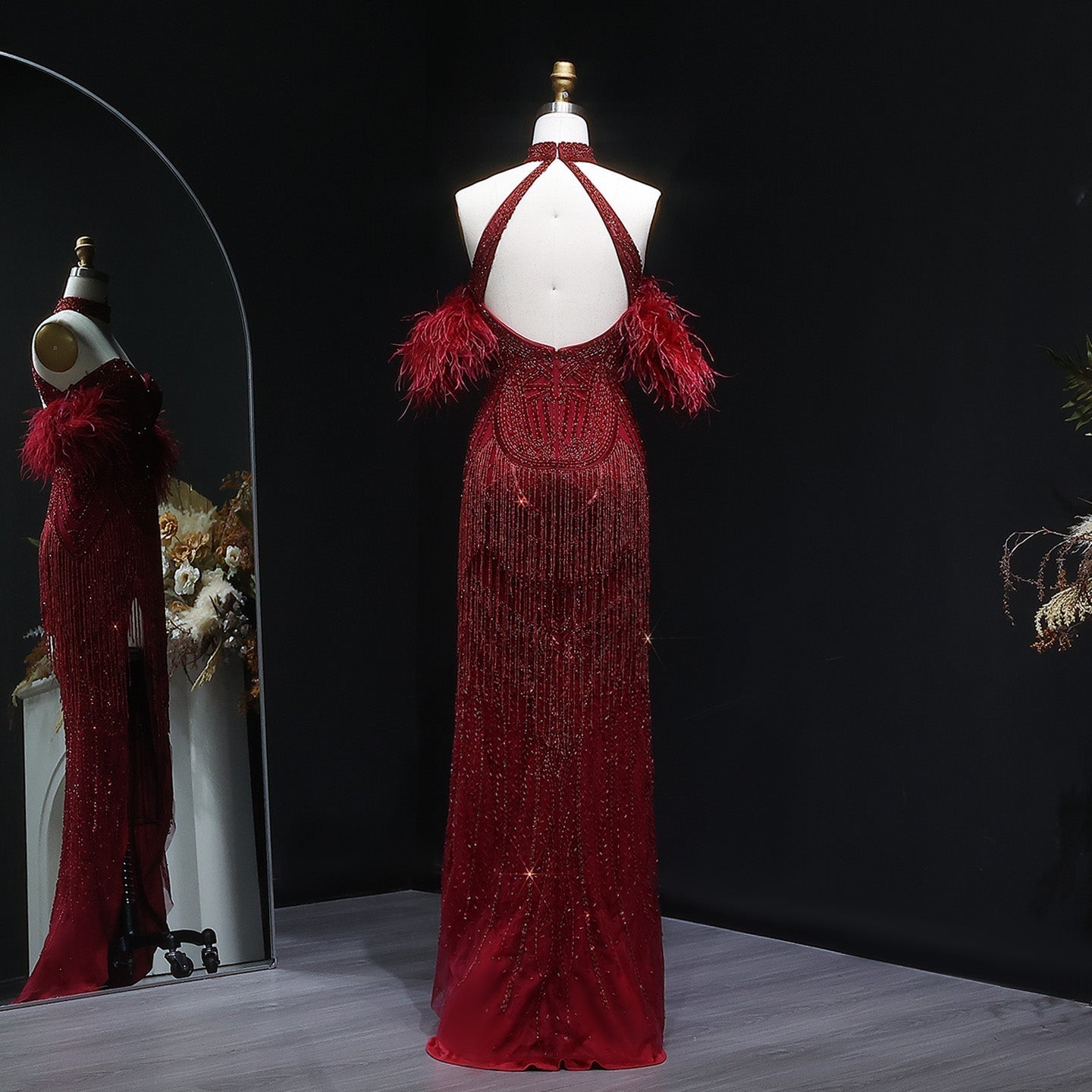 Luxury Tassel Feather Silver Nude Evening Dress SS187