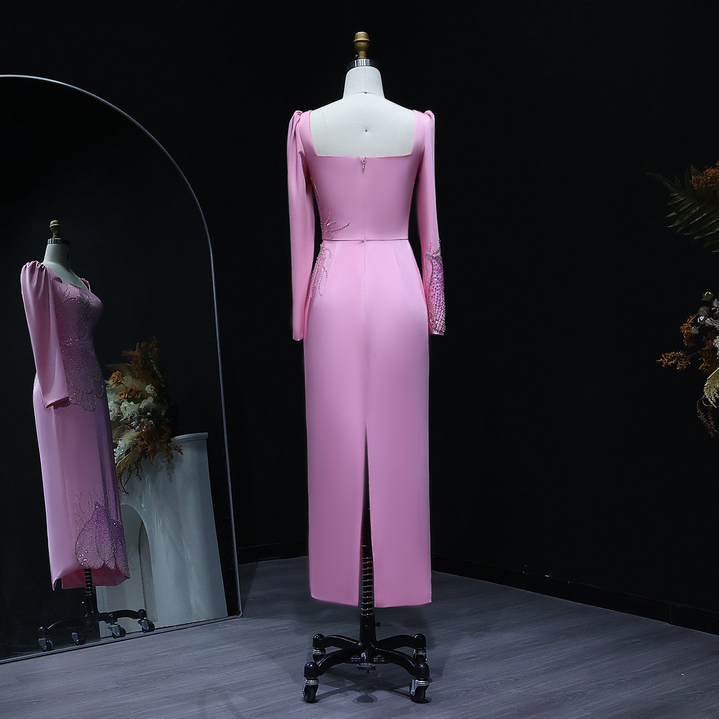 Elegant Pink Butterfly Beaded Long Sleeves Evening Dress SS262