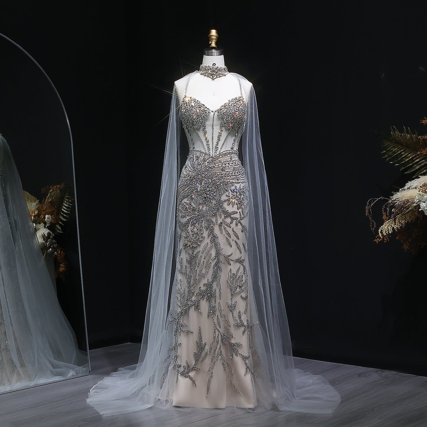 Luxury Champagne Beaded Evening Dress with Cape SS071