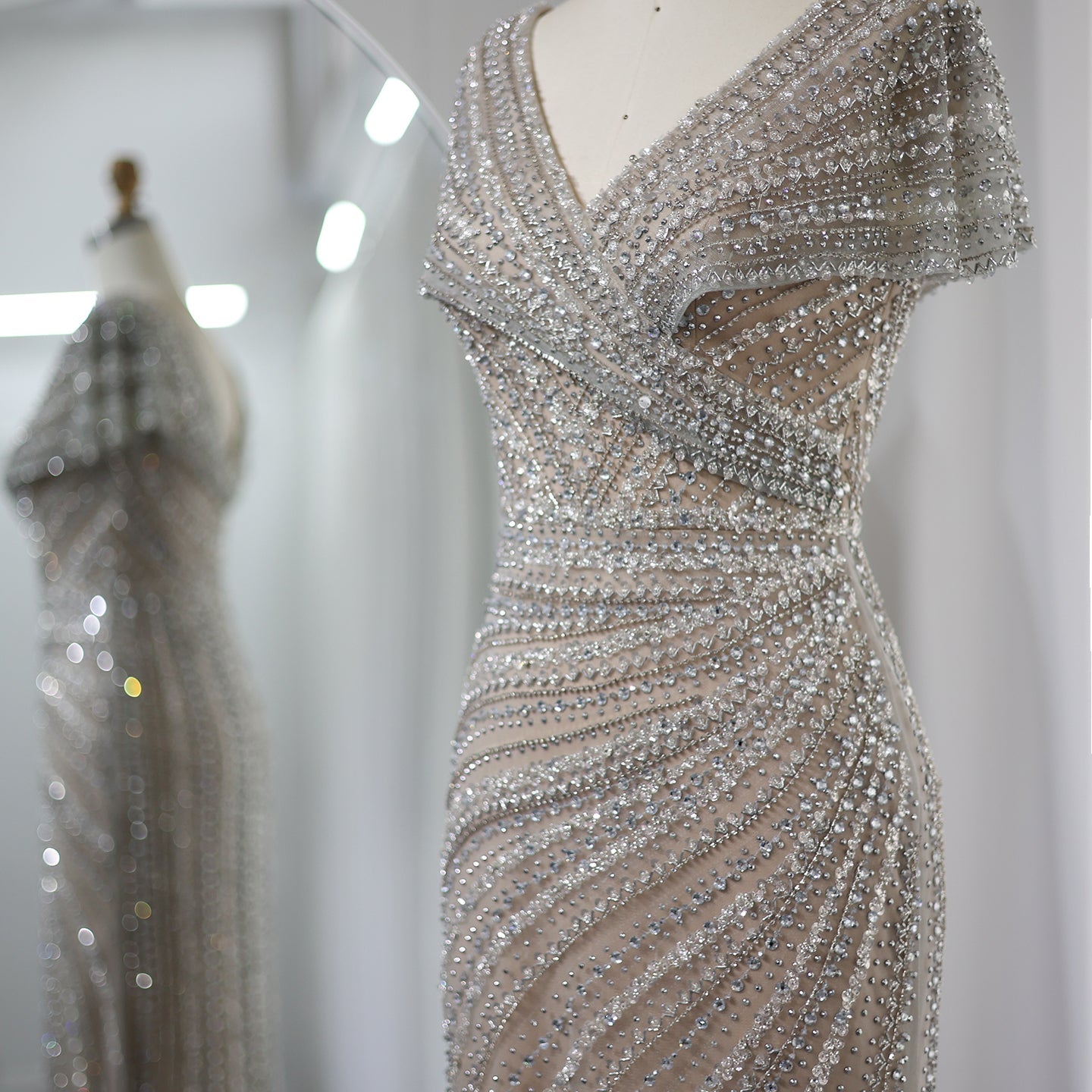Luxury Silver Nude Mermaid Evening Dress SS045