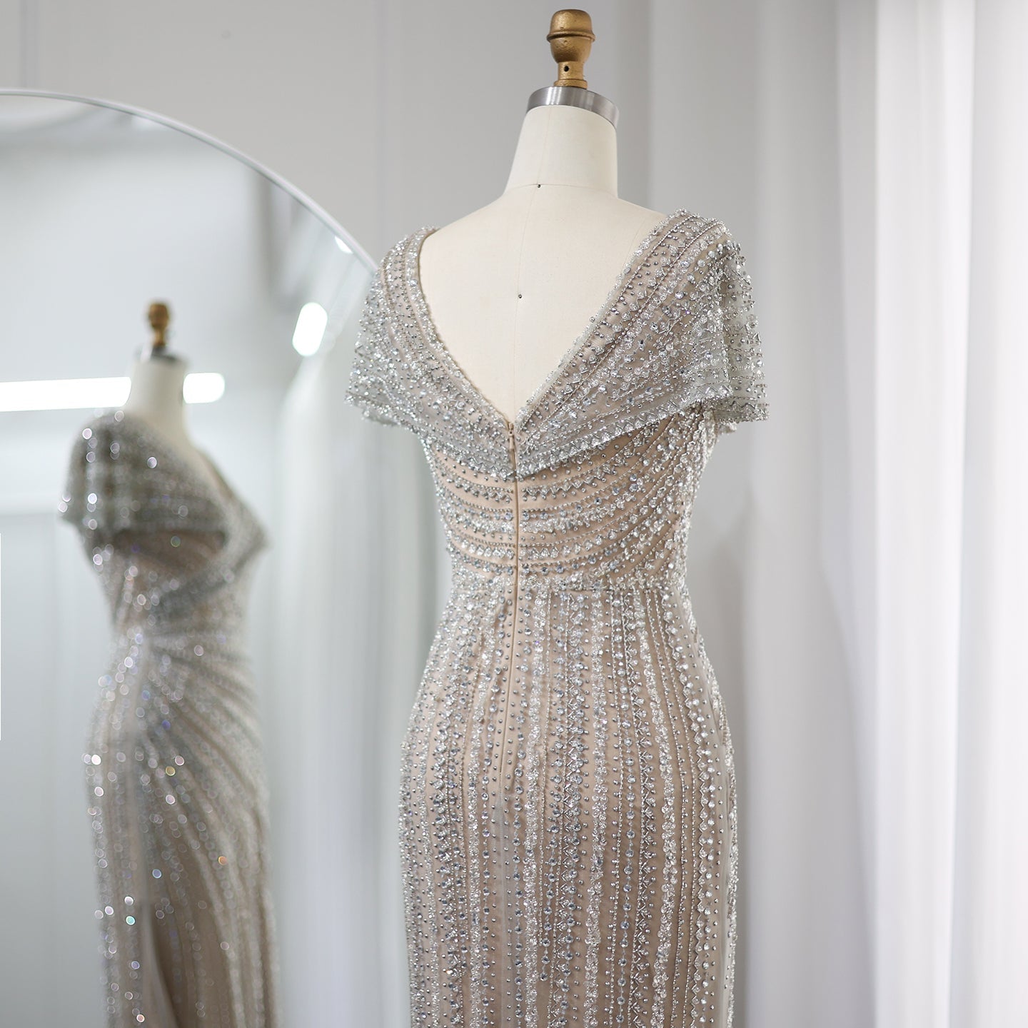 Luxury Silver Nude Mermaid Evening Dress SS045