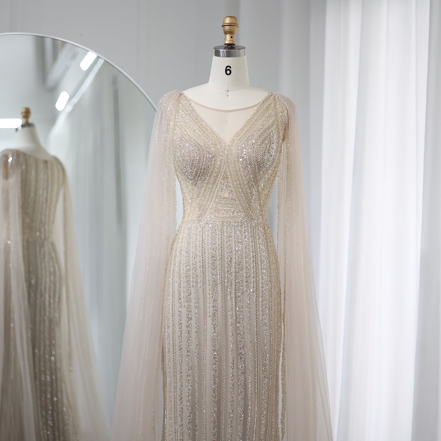 Luxury Sage Green Evening Dress with Cape Sleeves SS086