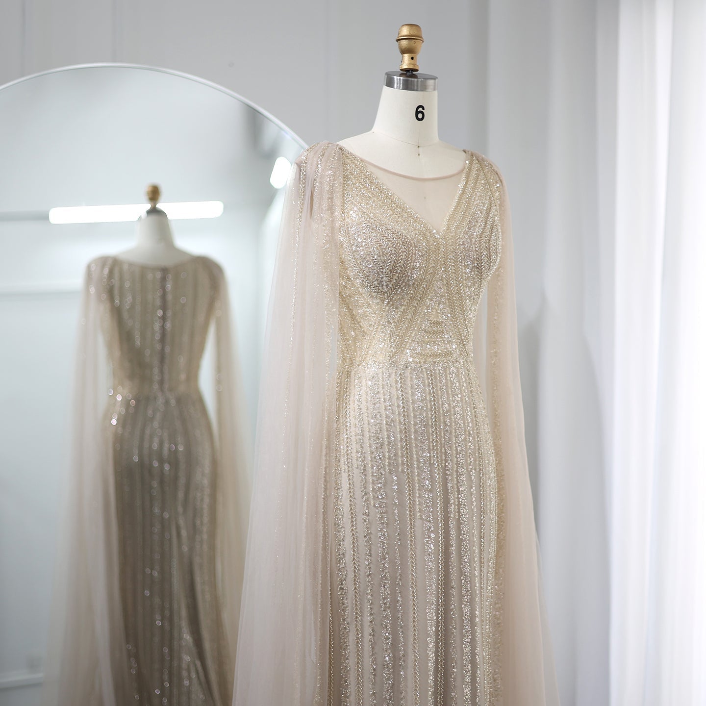 Luxury Sage Green Evening Dress with Cape Sleeves SS086