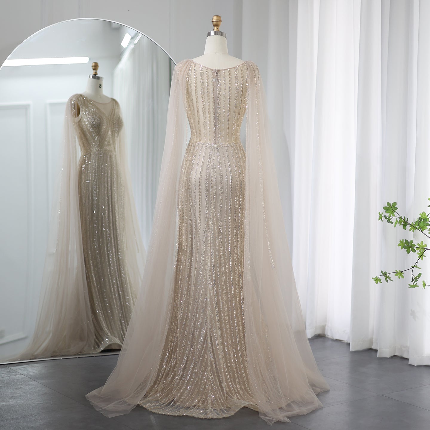 Luxury Sage Green Evening Dress with Cape Sleeves SS086