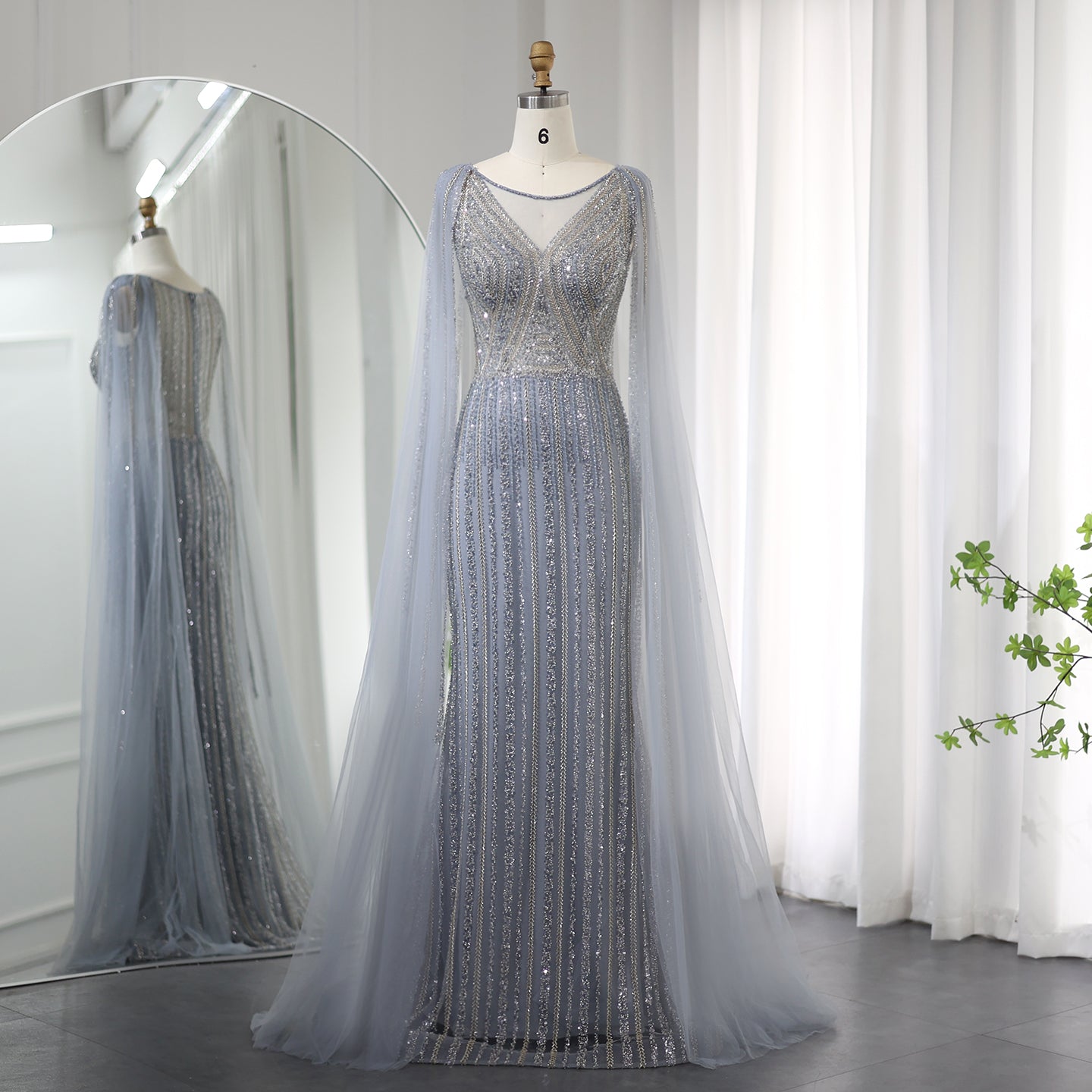 Luxury Sage Green Evening Dress with Cape Sleeves SS086  Gray Blue / US 20