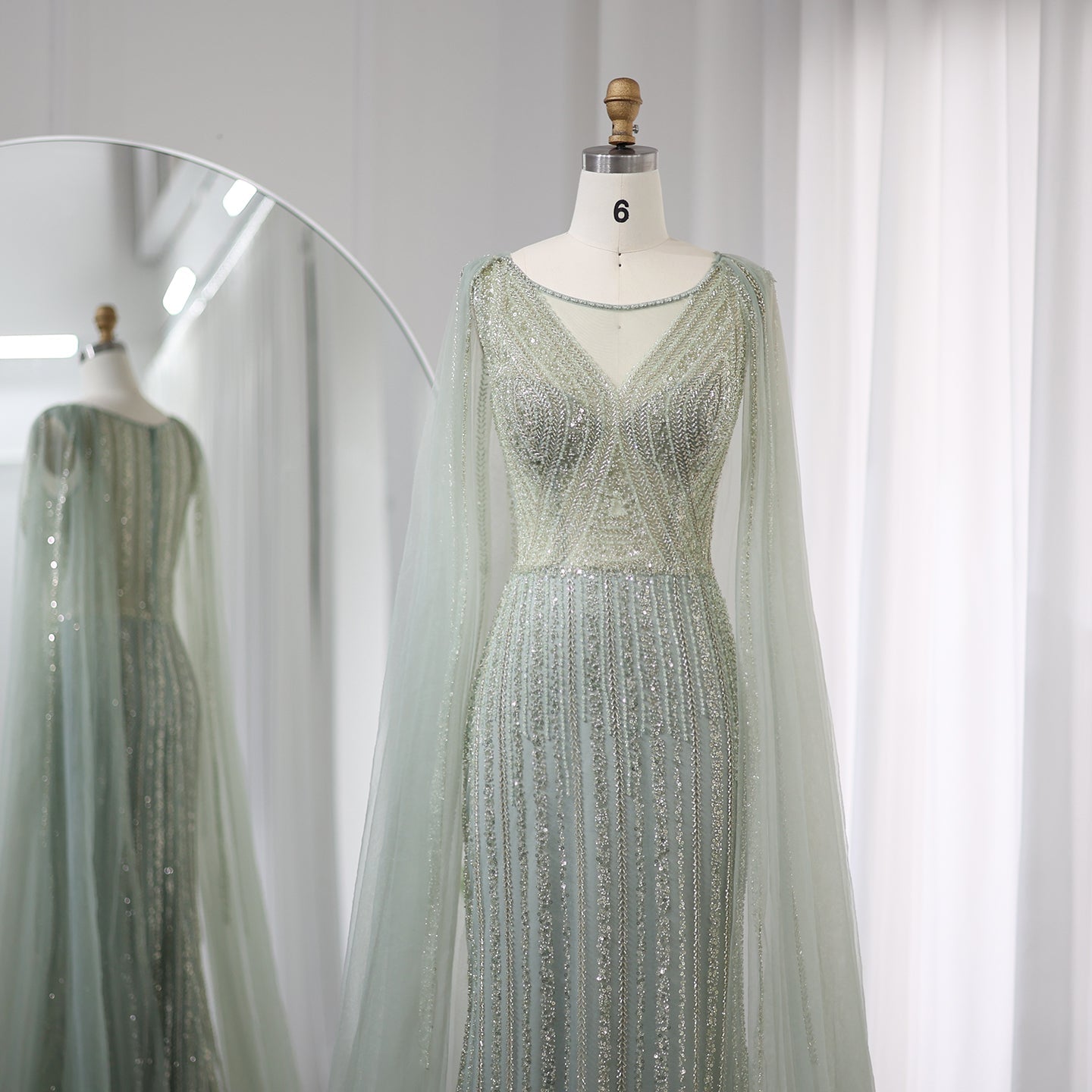 Luxury Sage Green Evening Dress with Cape Sleeves SS086