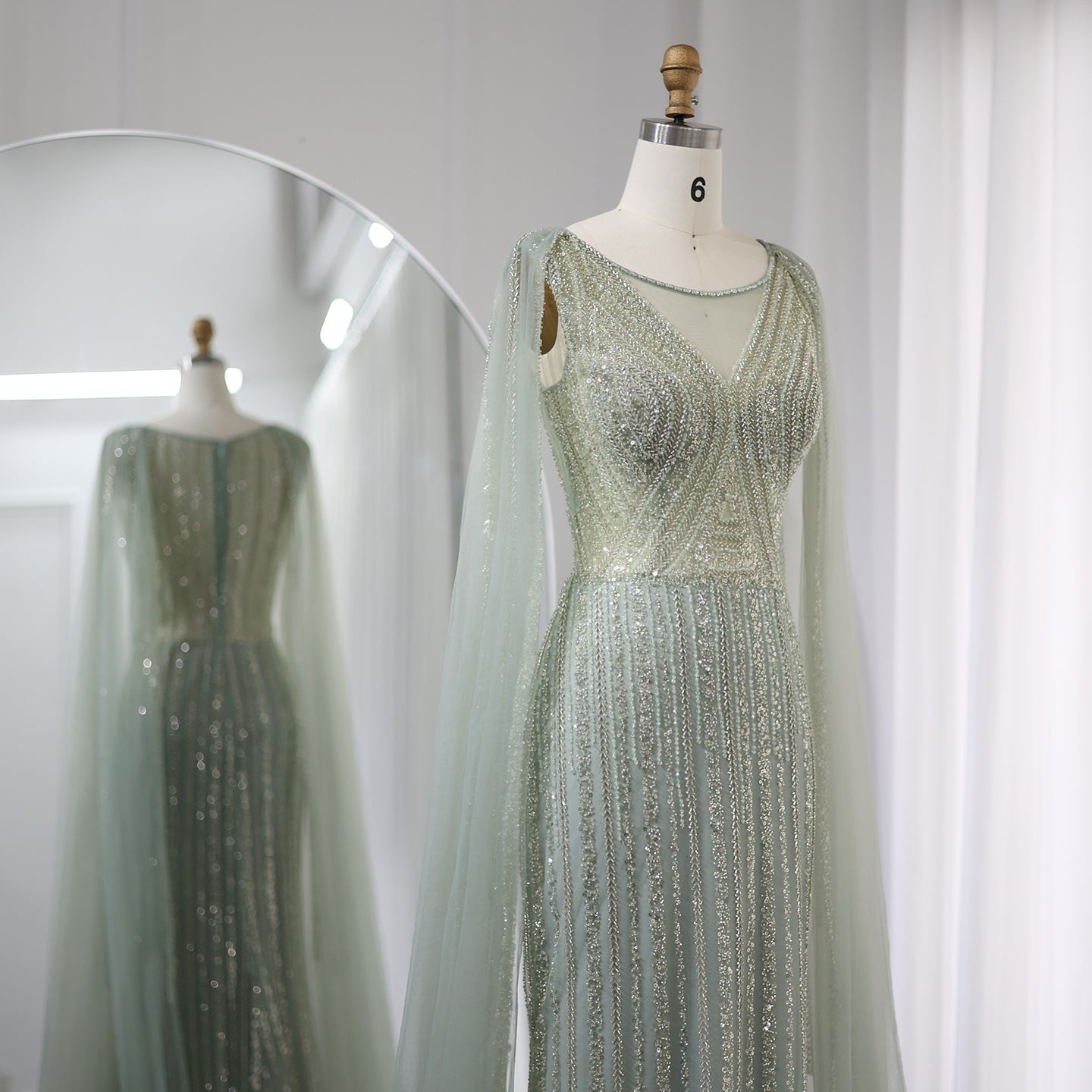 Luxury Sage Green Evening Dress with Cape Sleeves SS086