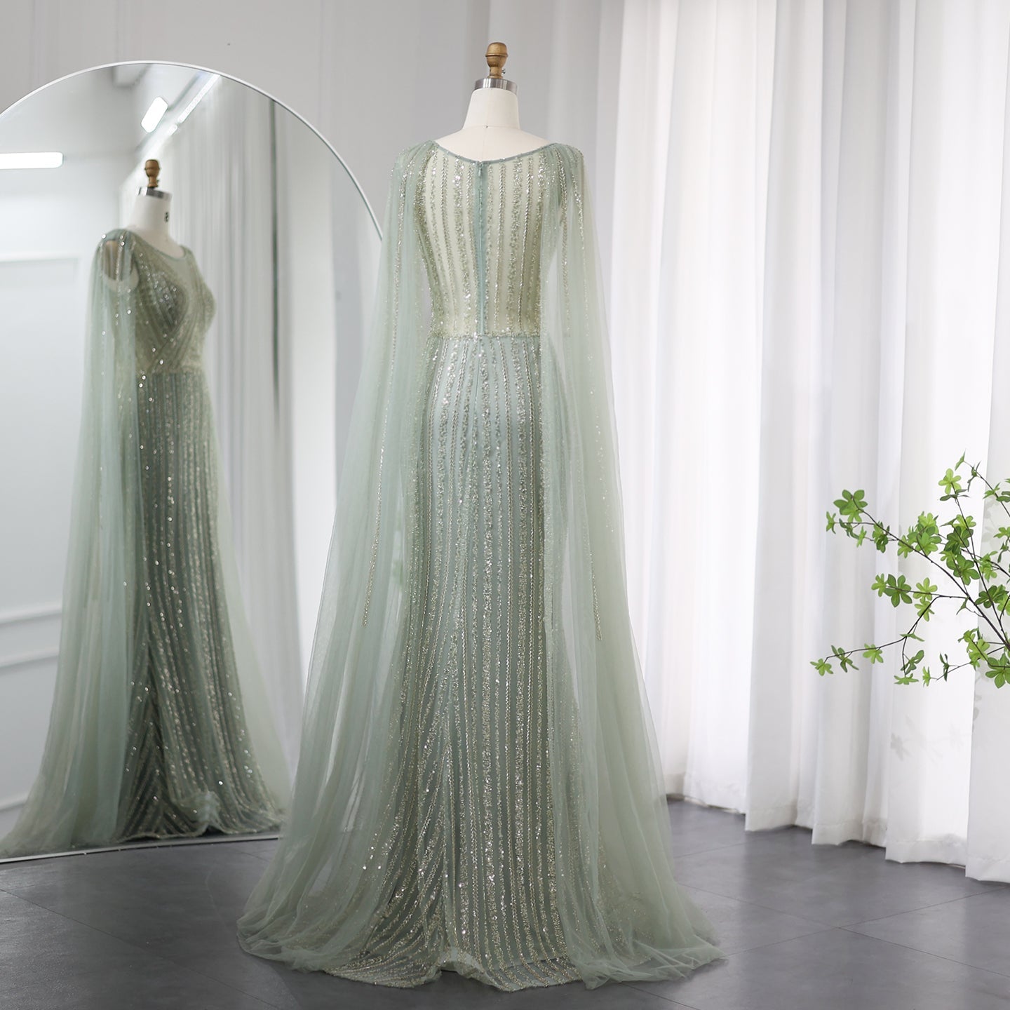 Luxury Sage Green Evening Dress with Cape Sleeves SS086