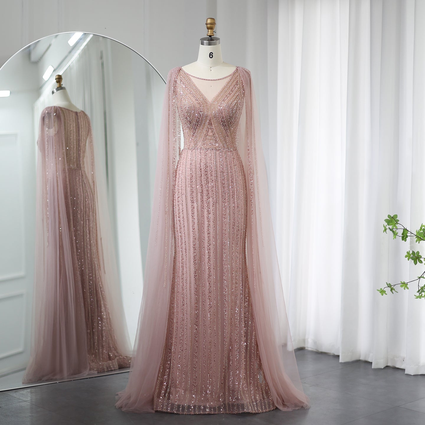 Luxury Sage Green Evening Dress with Cape Sleeves SS086  Pink / US 20