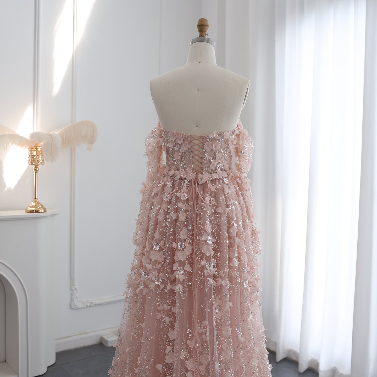 Elegant 3D Flowers Pink Evening Dress with Overskirt SS352