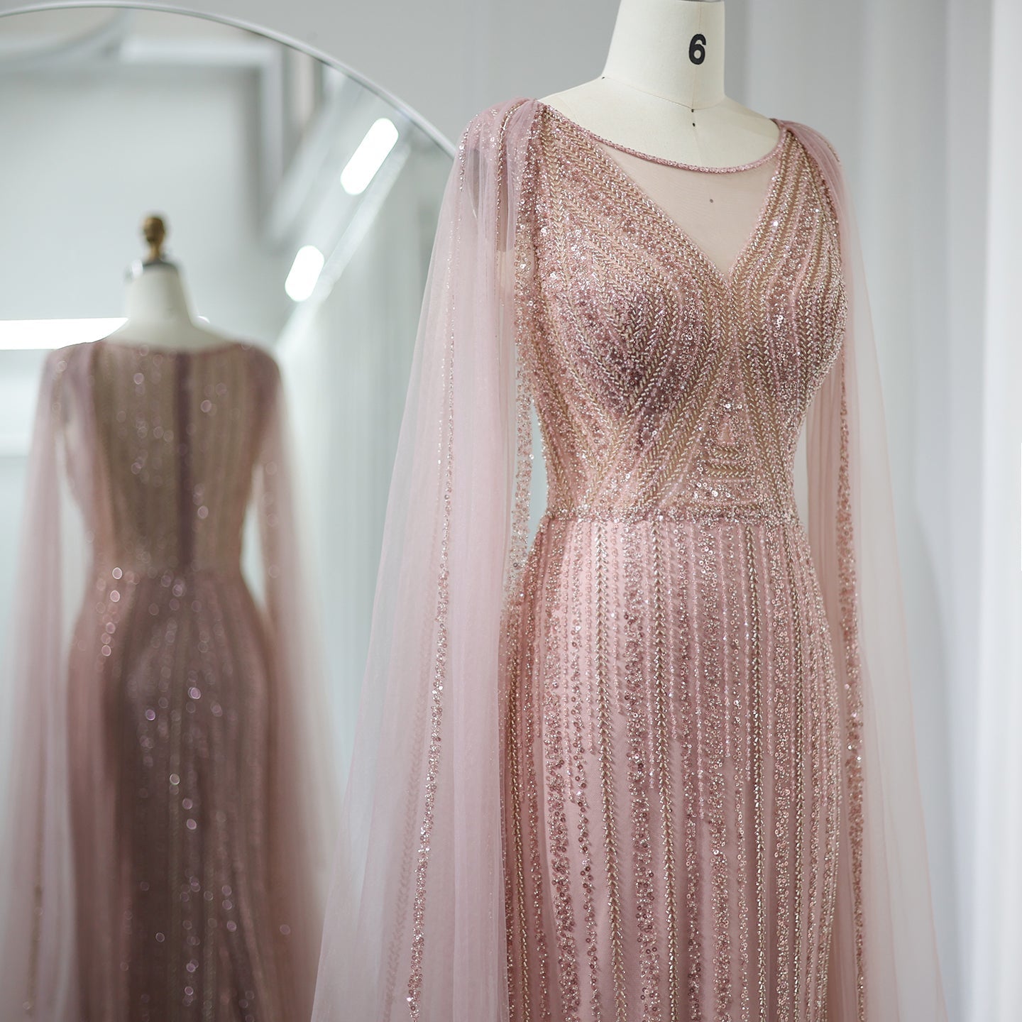 Luxury Sage Green Evening Dress with Cape Sleeves SS086