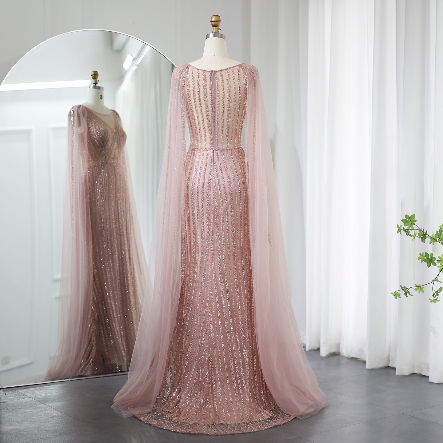 Luxury Sage Green Evening Dress with Cape Sleeves SS086