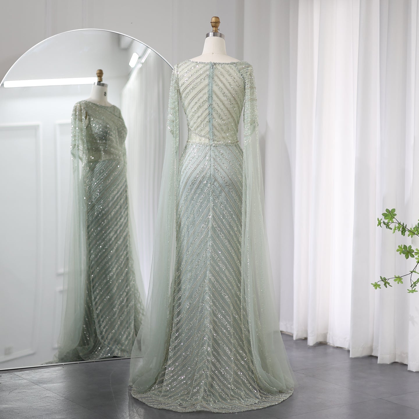 Luxury Mermaid Blue Evening Dress with Cape Sleeves SS087