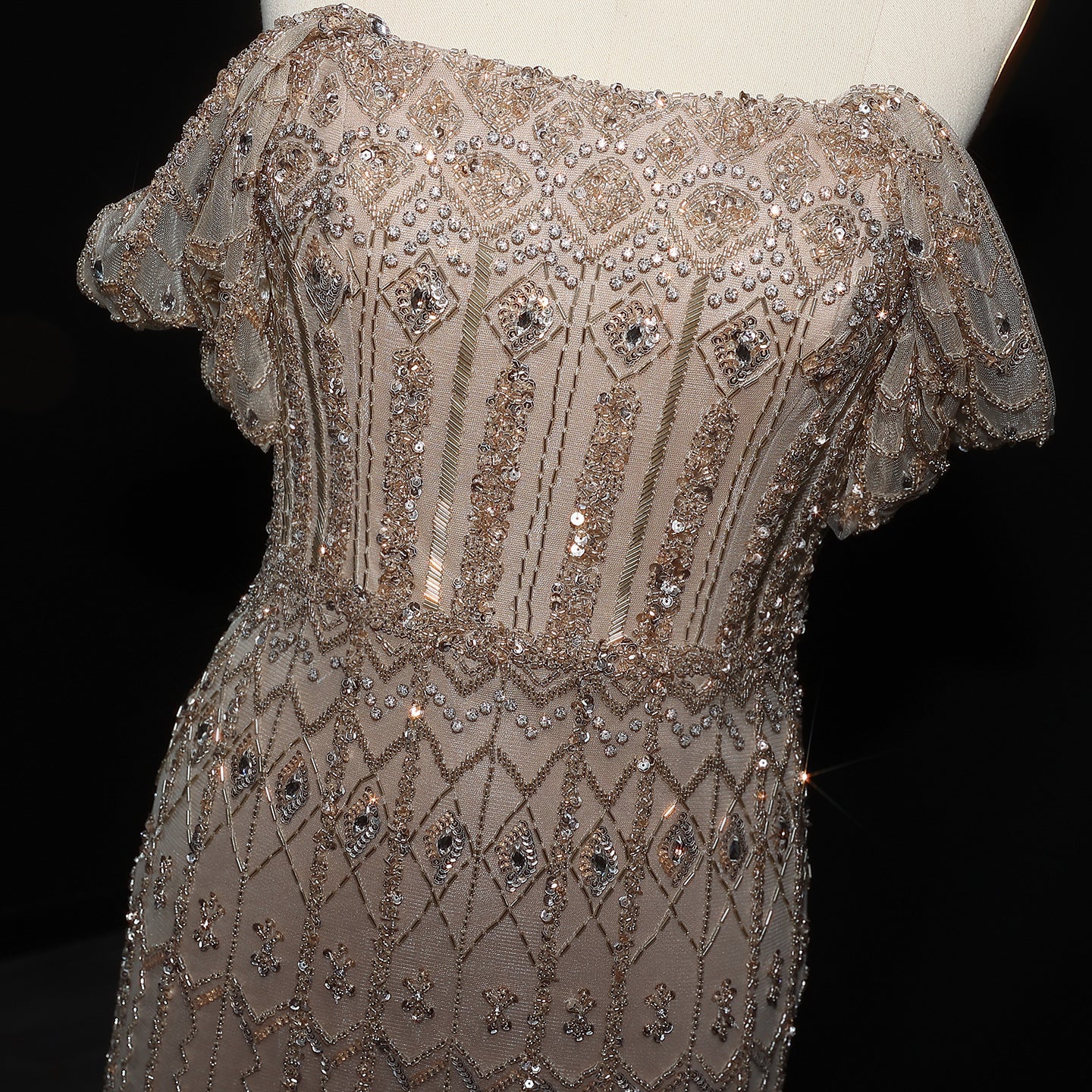 Luxury White Beaded Short Sleeves Evening Dress SS291