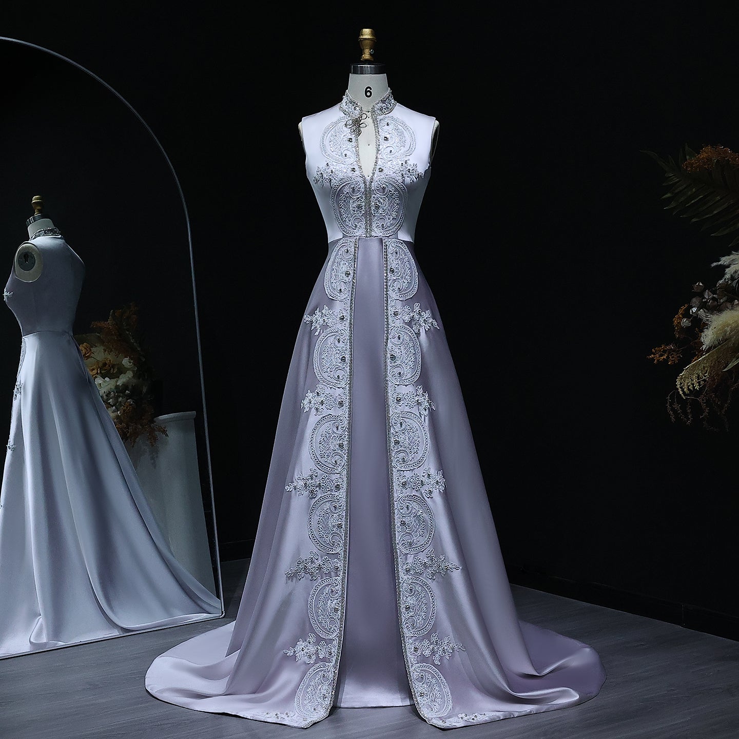 Elegant Gray Floral Embroidery High Neck Evening Dress XD-003  Gray / US 16