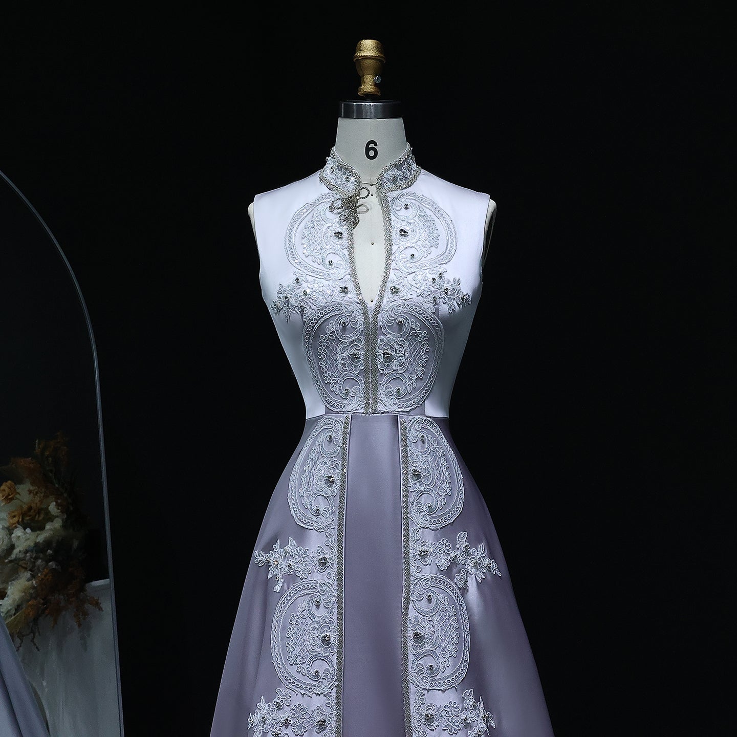 Elegant Gray Floral Embroidery High Neck Evening Dress XD-003