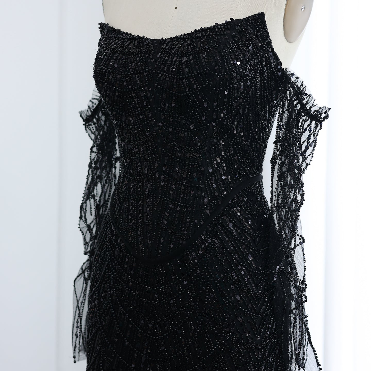 Luxury Beaded Black Strapless Evening Dress with Sleeves SS685