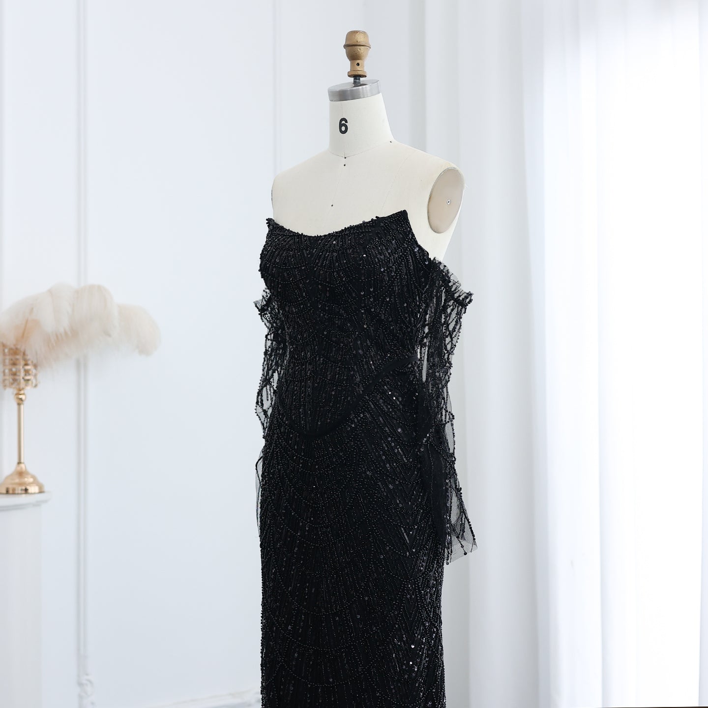 Luxury Beaded Black Strapless Evening Dress with Sleeves SS685